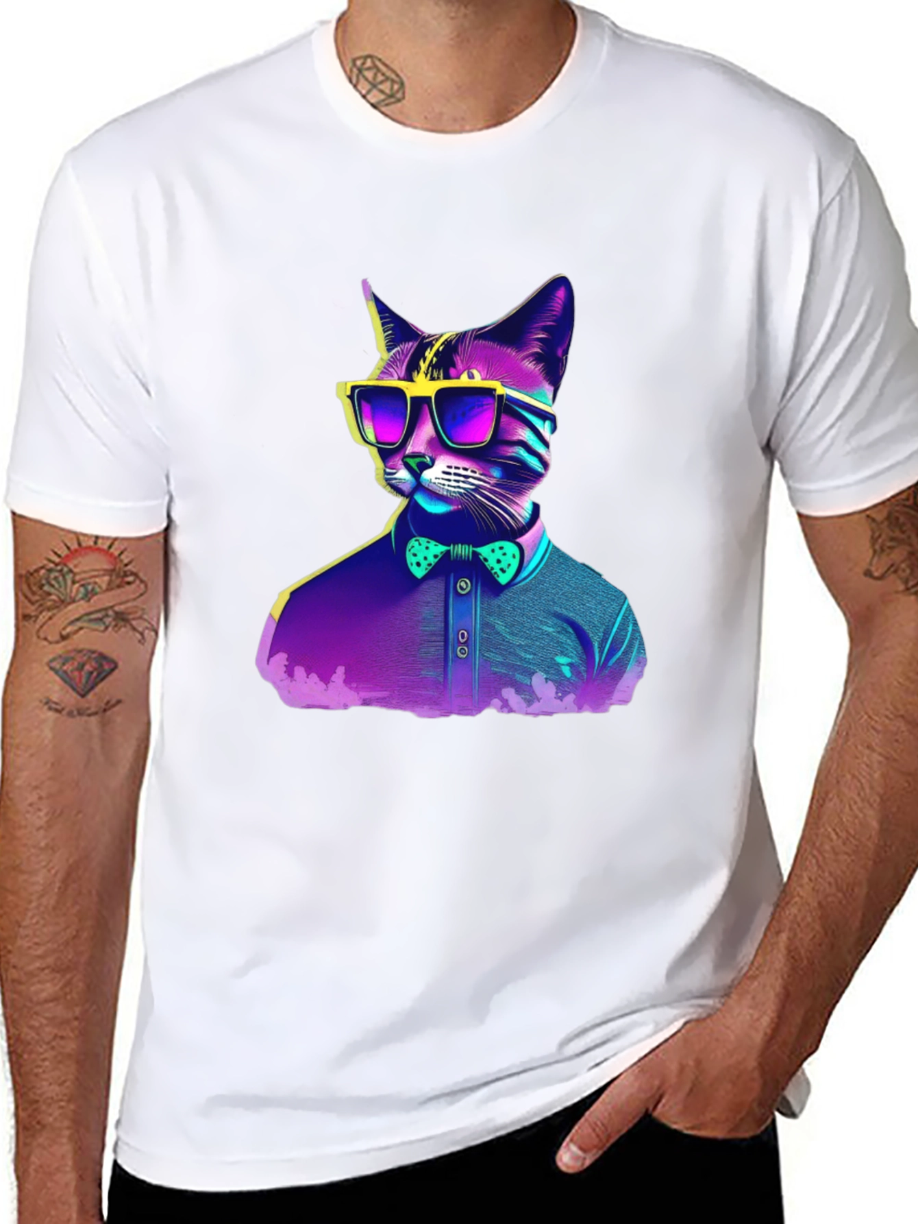 Black Hipster Cat T-Shirt - Cool Neon Design view 8