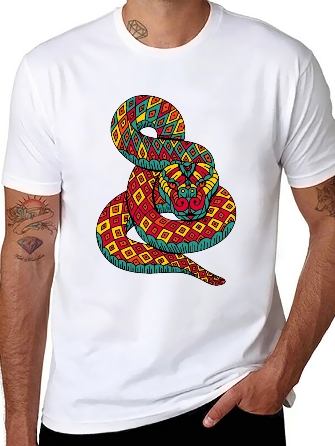 Black Geometric Snake Print Black T-Shirt view 8