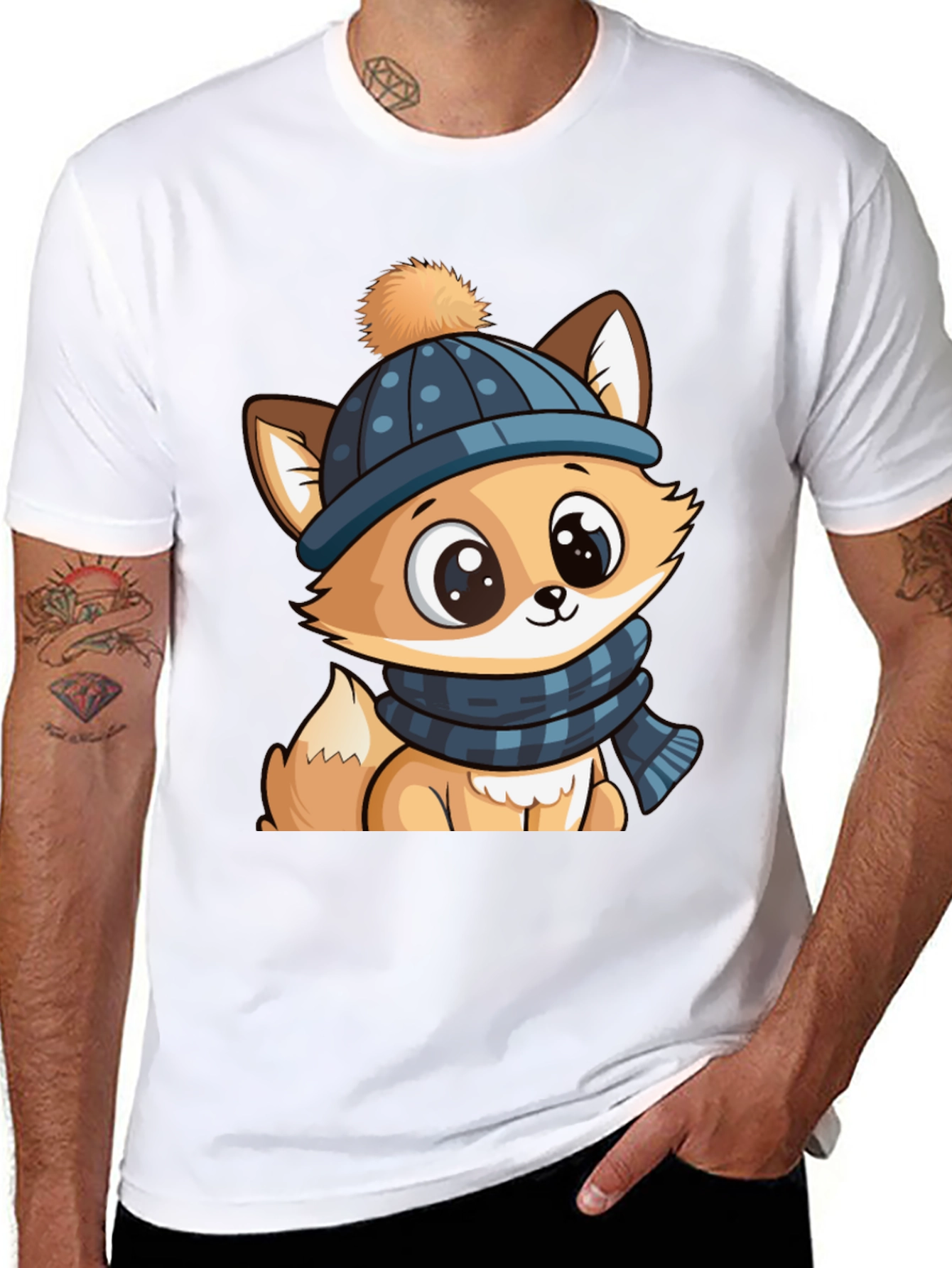Black Cute Cartoon Fox with Winter Hat Graphic Tee view 8