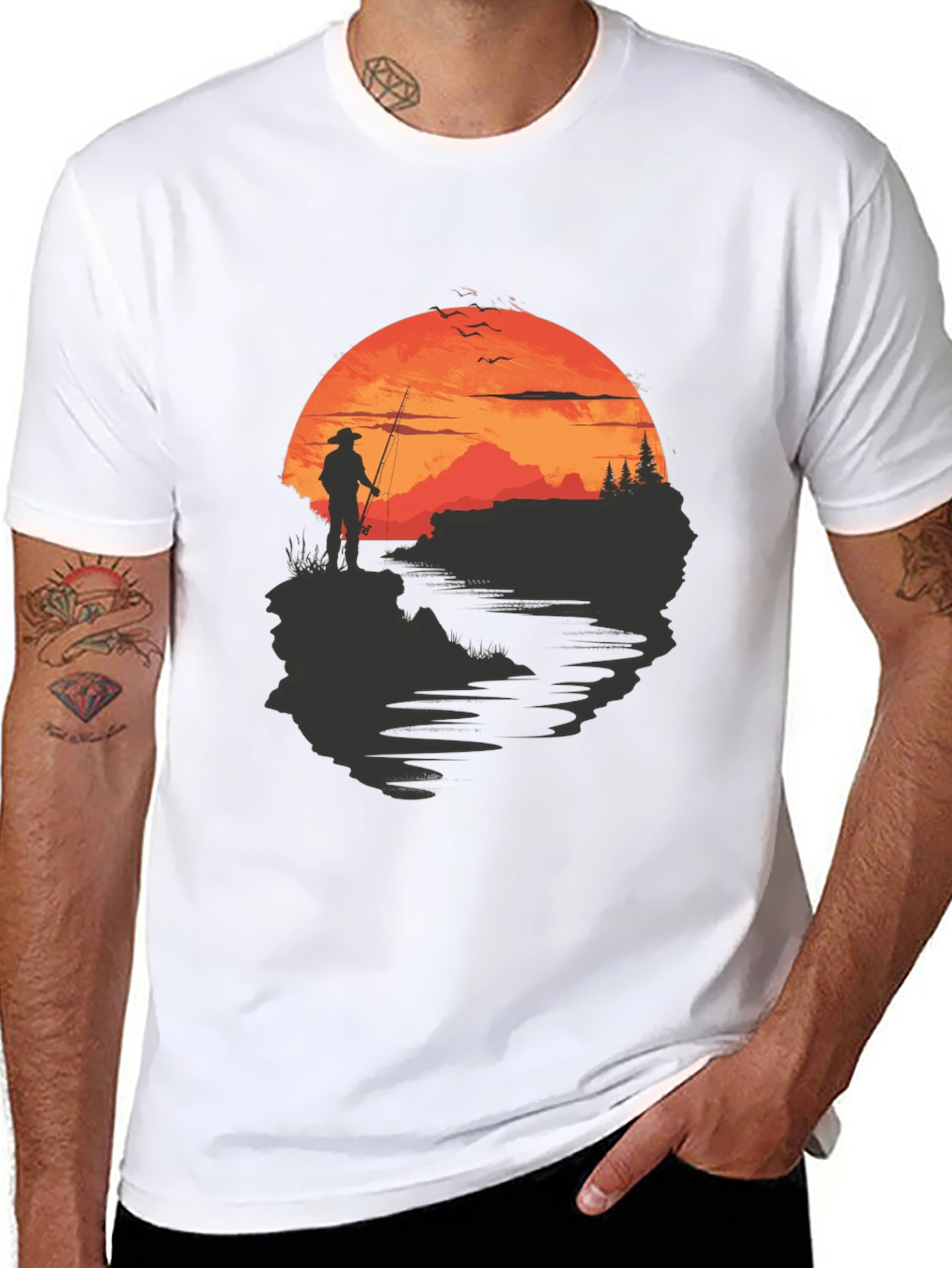 Black Fisherman Sunset Graphic Tee - Black Crew Neck view 8