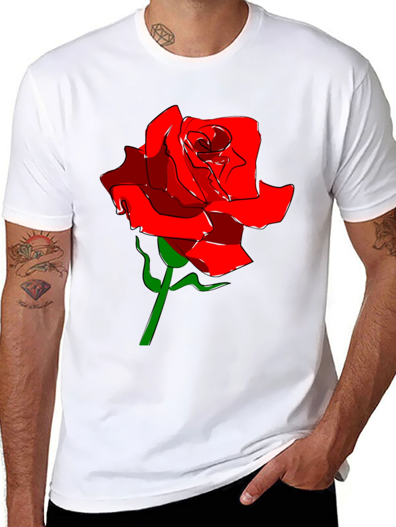 Black Men's Black T-Shirt with Red Rose Graphic view 8