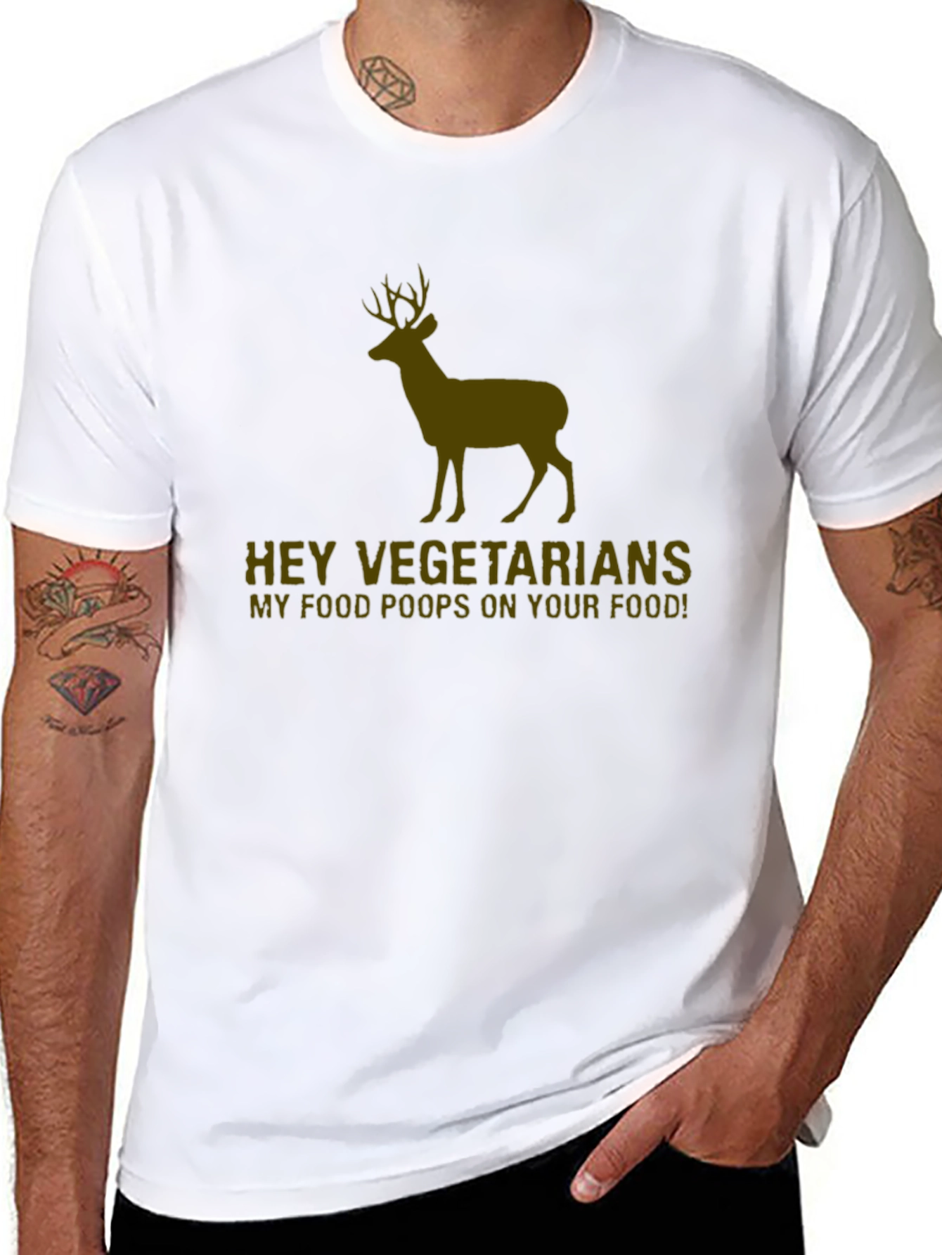 Black Hey Vegetarians Deer Graphic Tee - Novelty Hunting Humor T-Shirt view 8