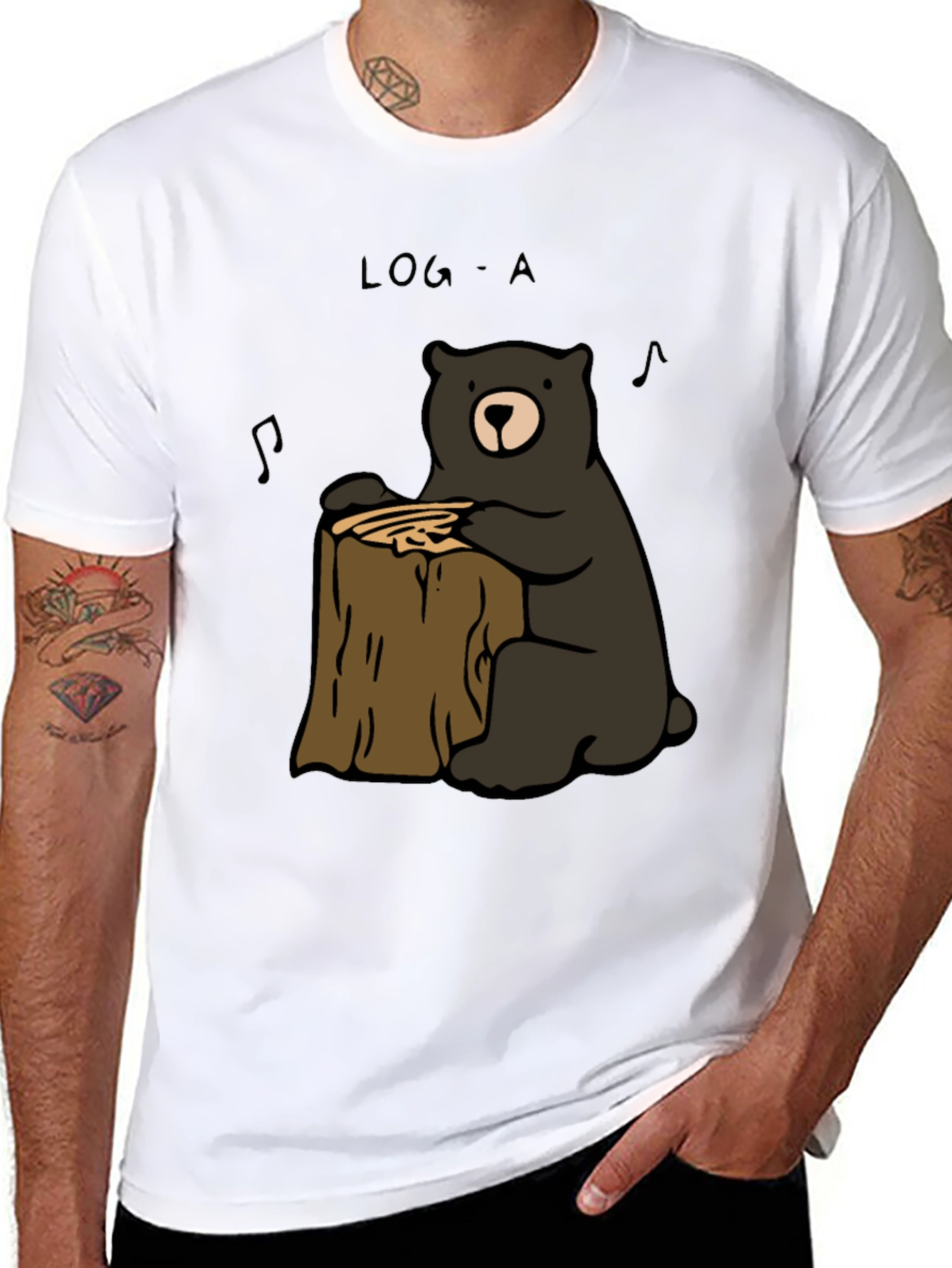 Black Log-A Bear T-Shirt - Music Loving Bear on Wood Stump view 8