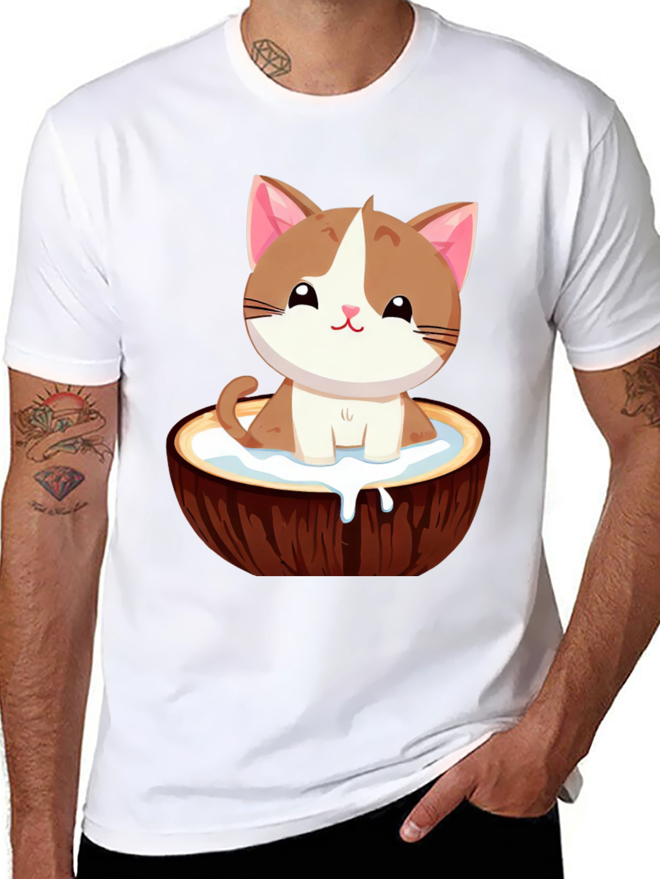 Black Cute Cat in Coconut Bowl T-Shirt view 8