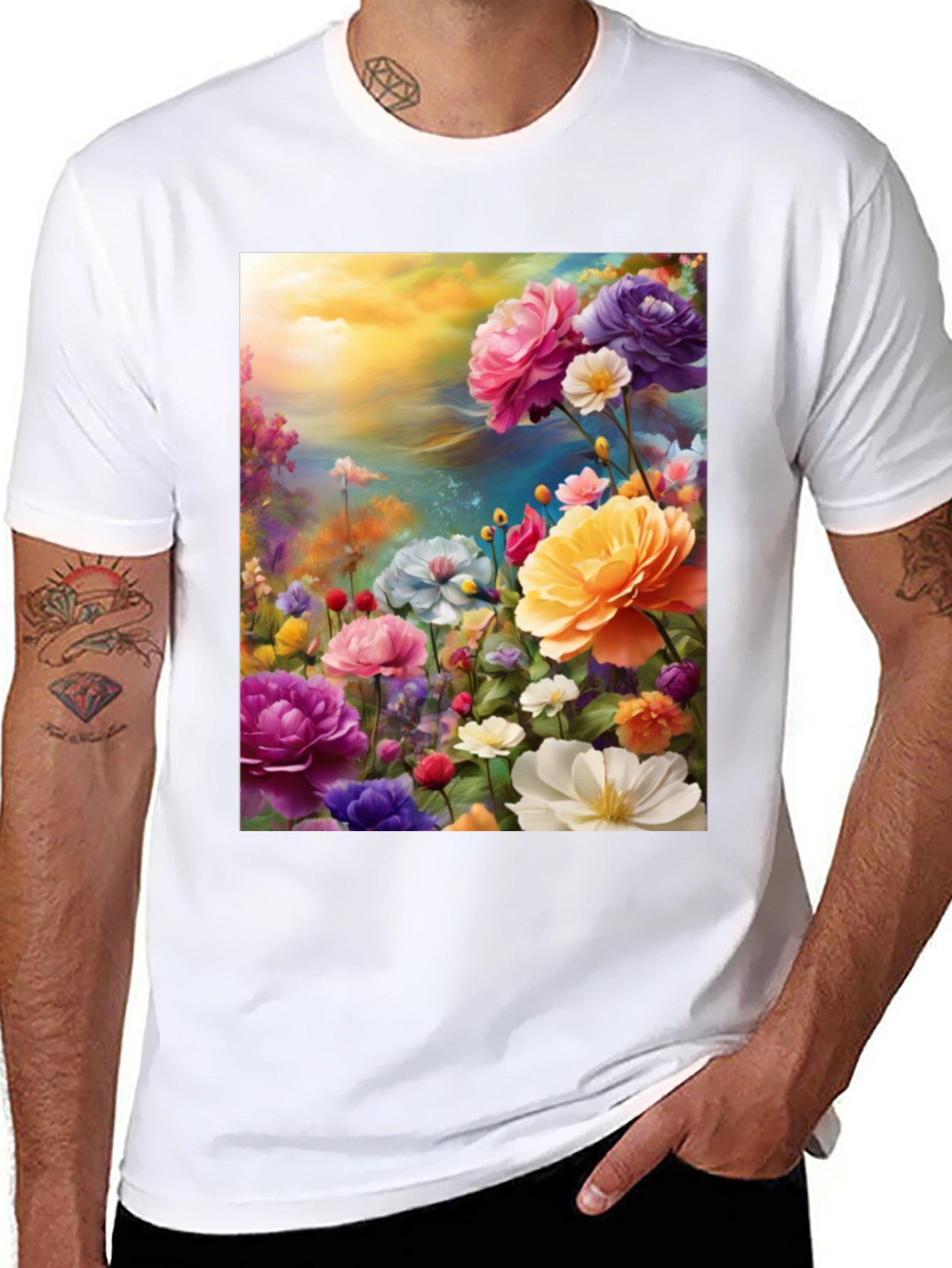 Black Floral Art Print Black T-Shirt view 8