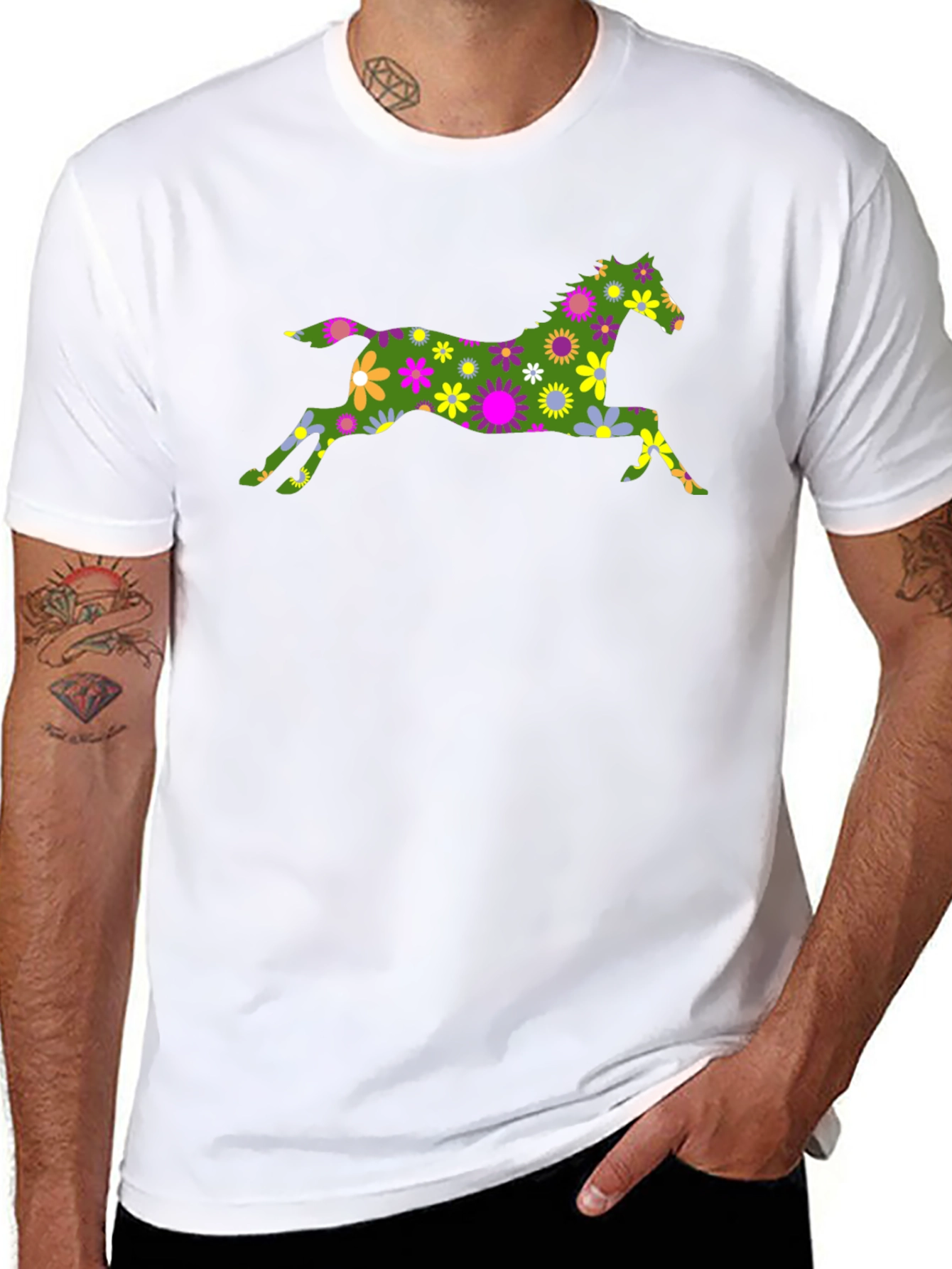 Black Floral Horse Graphic Tee - Black Cotton T-Shirt view 8