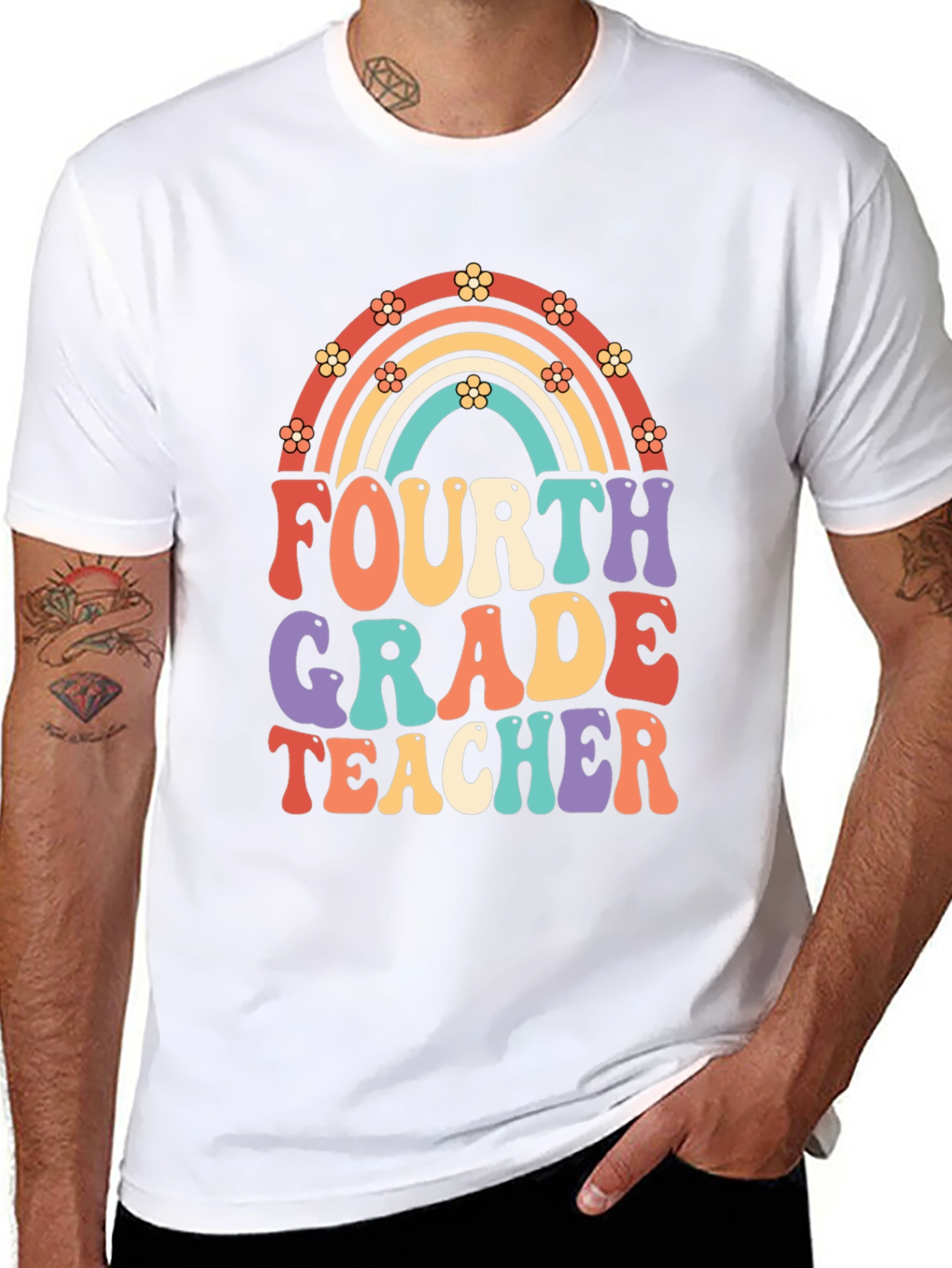 Black Fourth Grade Teacher Retro Rainbow T-Shirt view 8