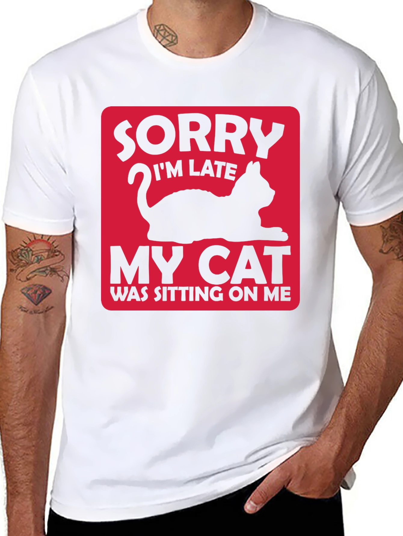 Black Funny Cat Lover T-Shirt: Sorry I'm Late view 8