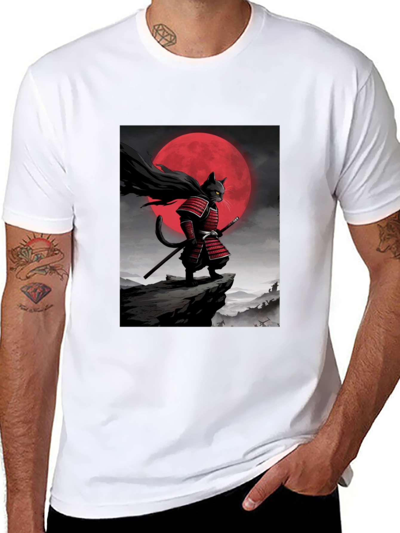Black Samurai Cat Graphic T-Shirt view 8