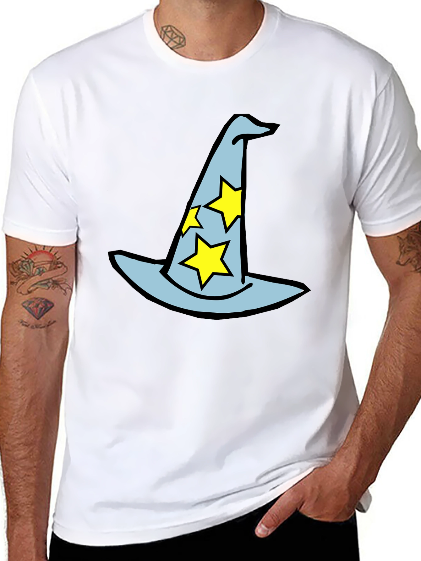 Black Wizard Hat Graphic Tee - Magical Star Design Black T-Shirt view 8