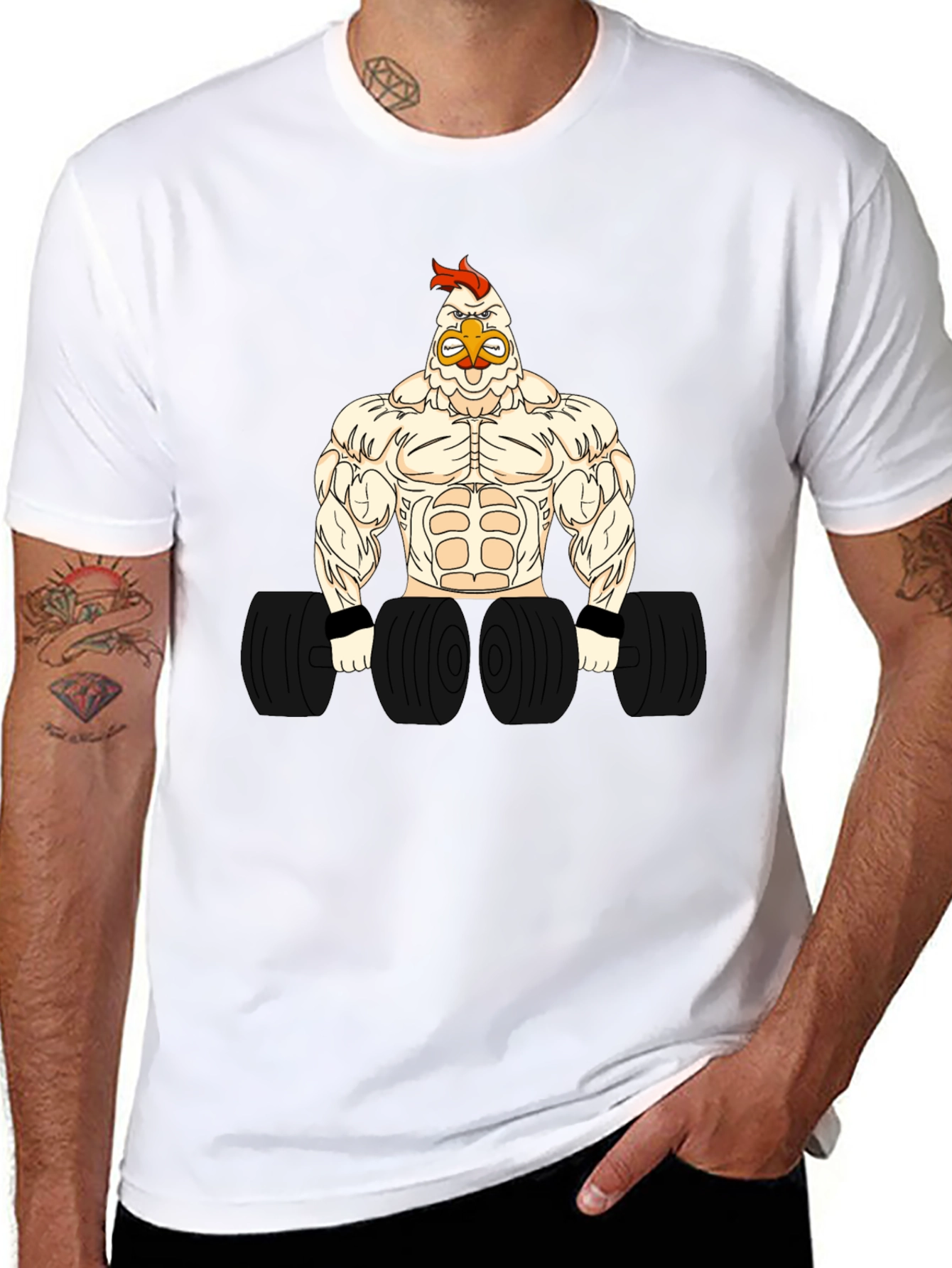 Black Funny Gym Chicken Graphic T-Shirt - Bodybuilder Rooster view 8
