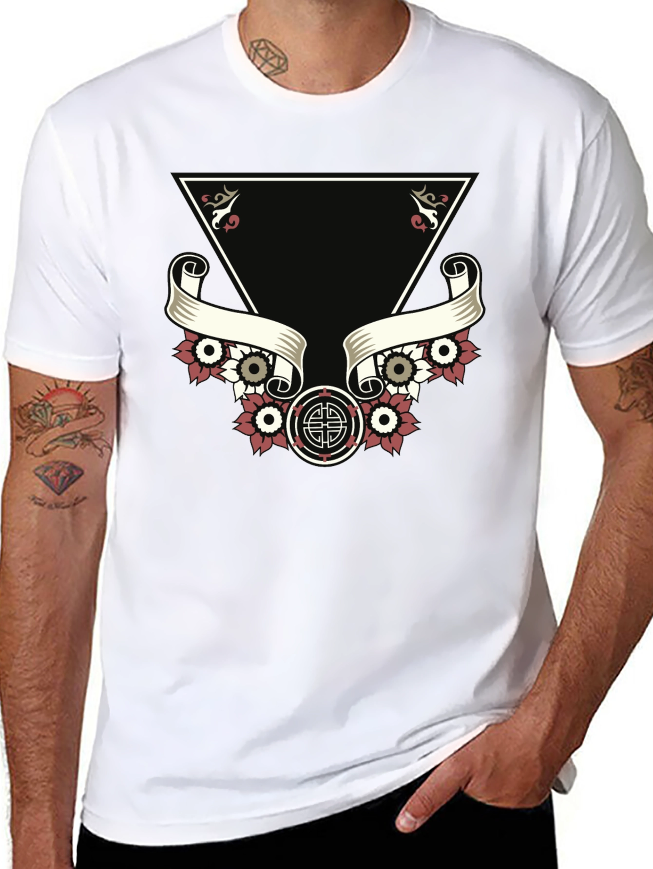 Black Stylish Black Tee with Unique Tattoo-Inspired Graphic view 8