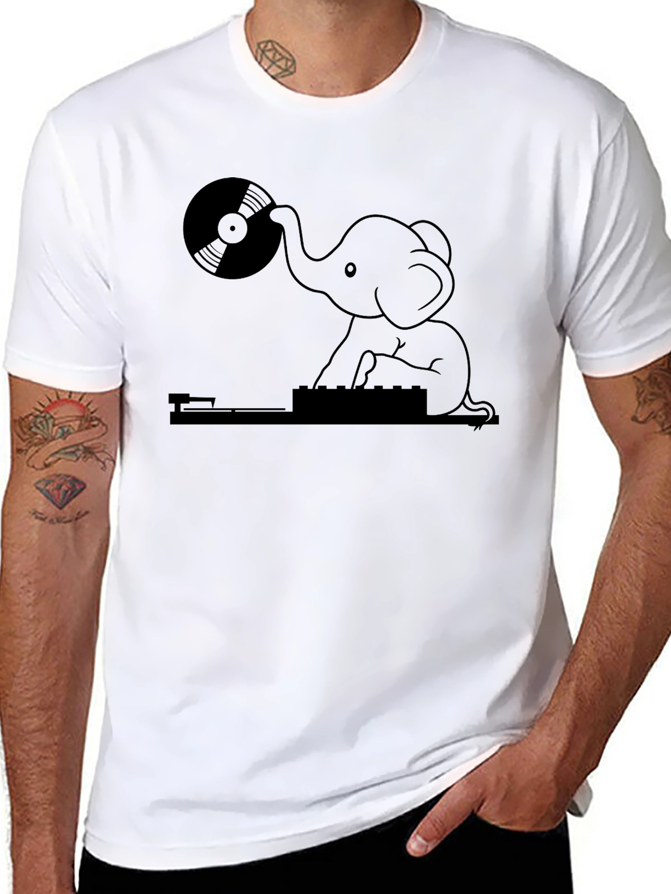 Black DJ Elephant Graphic Tee - Black Casual T-Shirt view 8