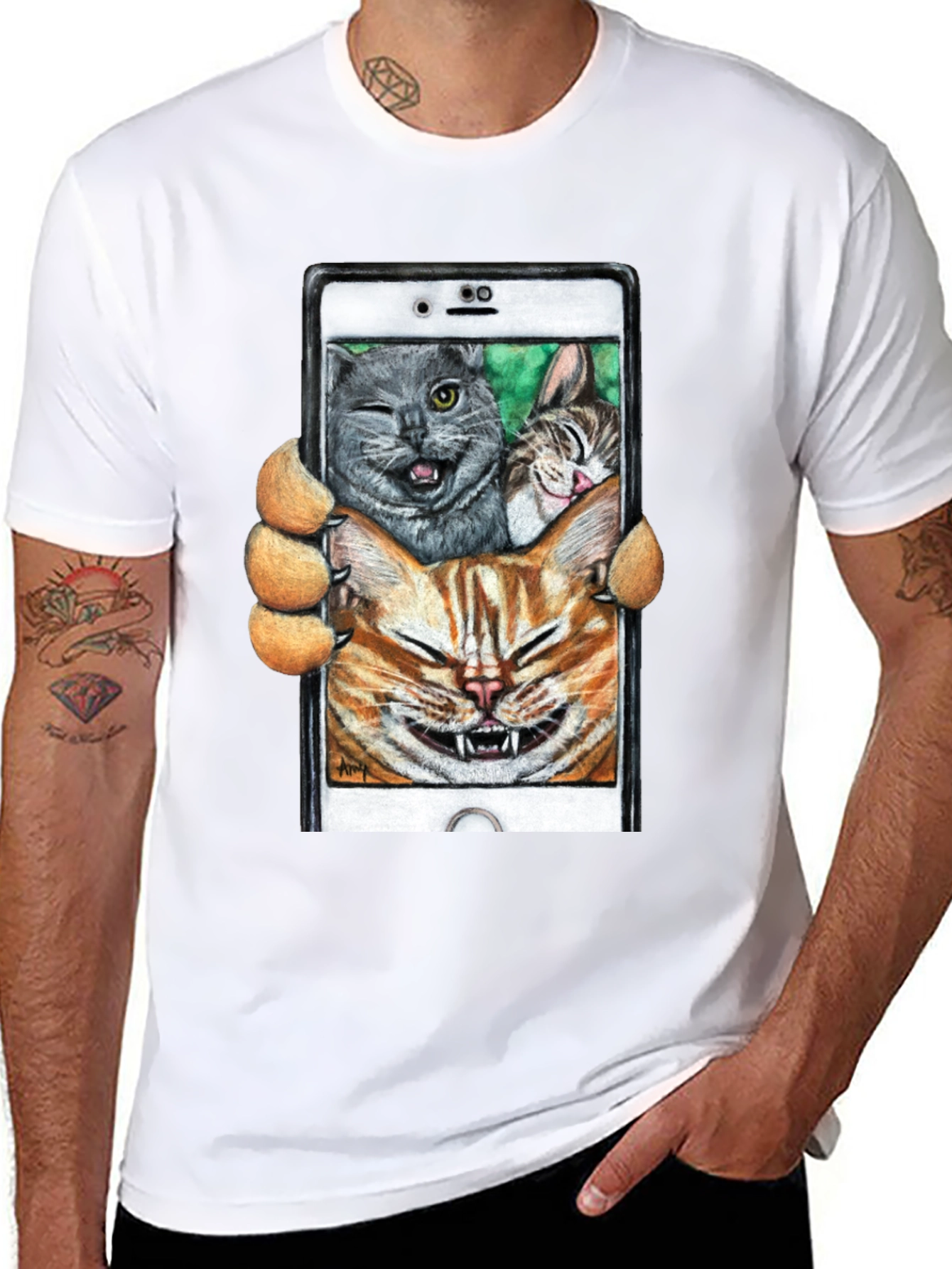 Black Funny Cat Selfie T-Shirt view 8