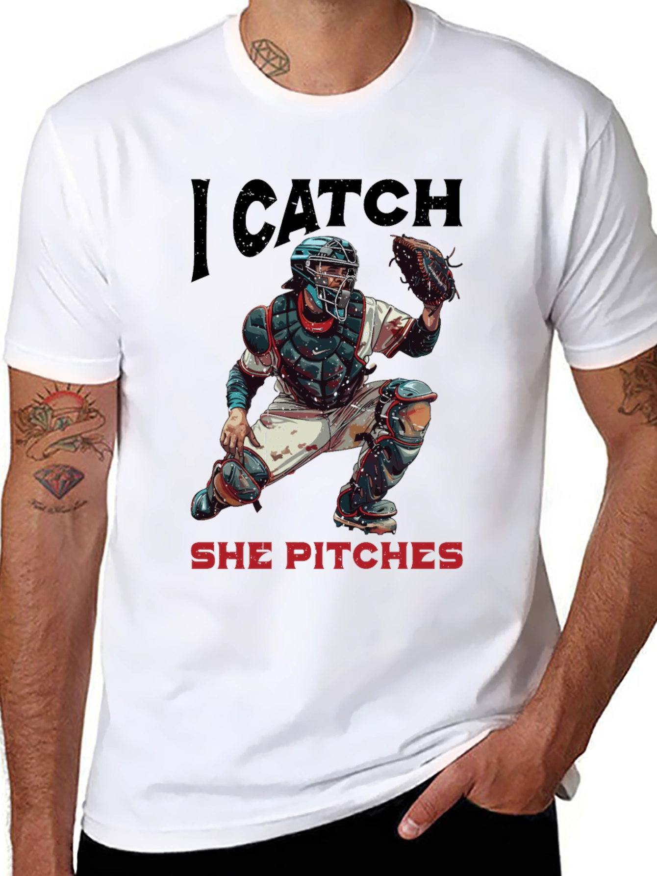 Black I Catch She Pitches Baseball T-Shirt view 8