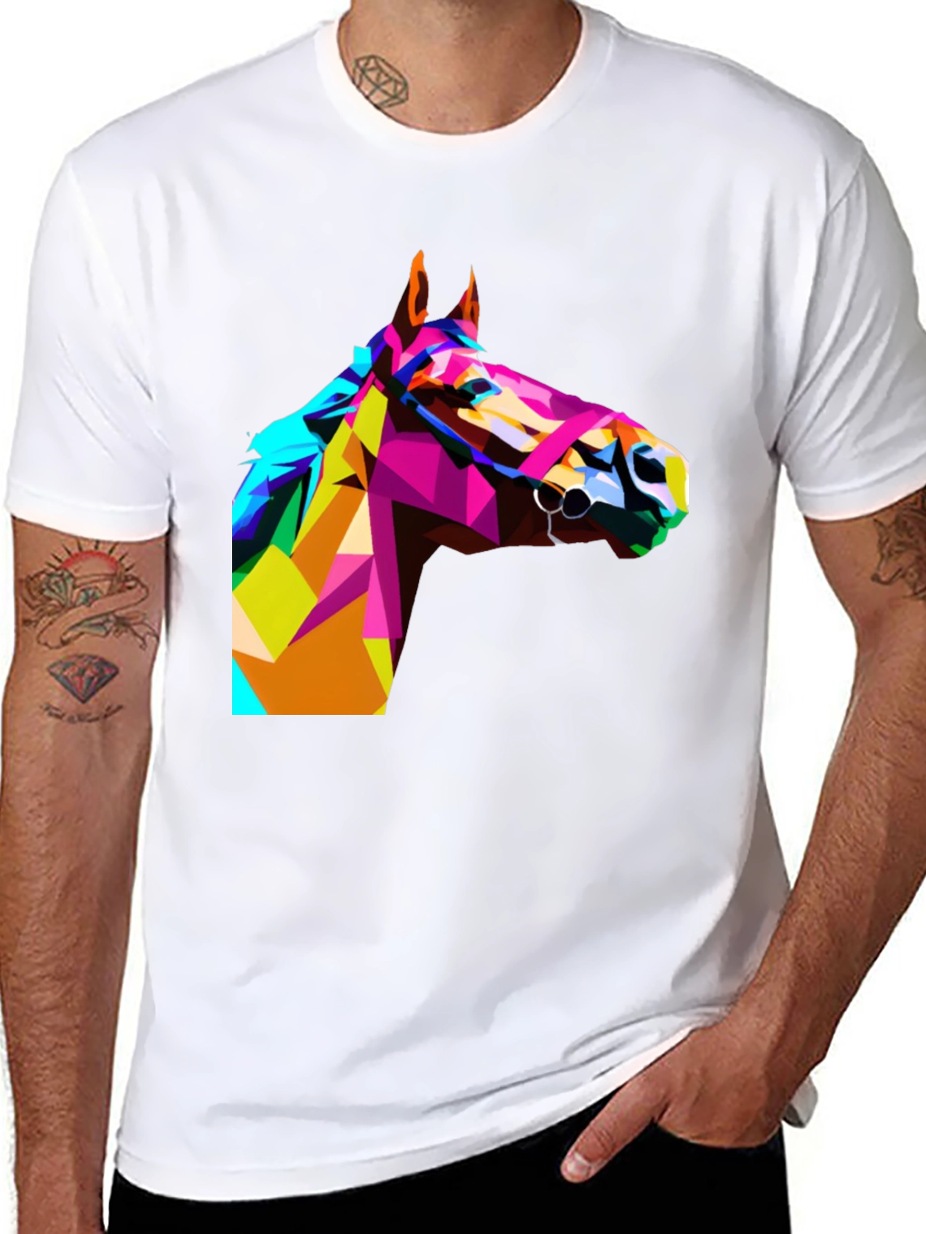 Black Geometric Horse Head Print Black T-Shirt view 8