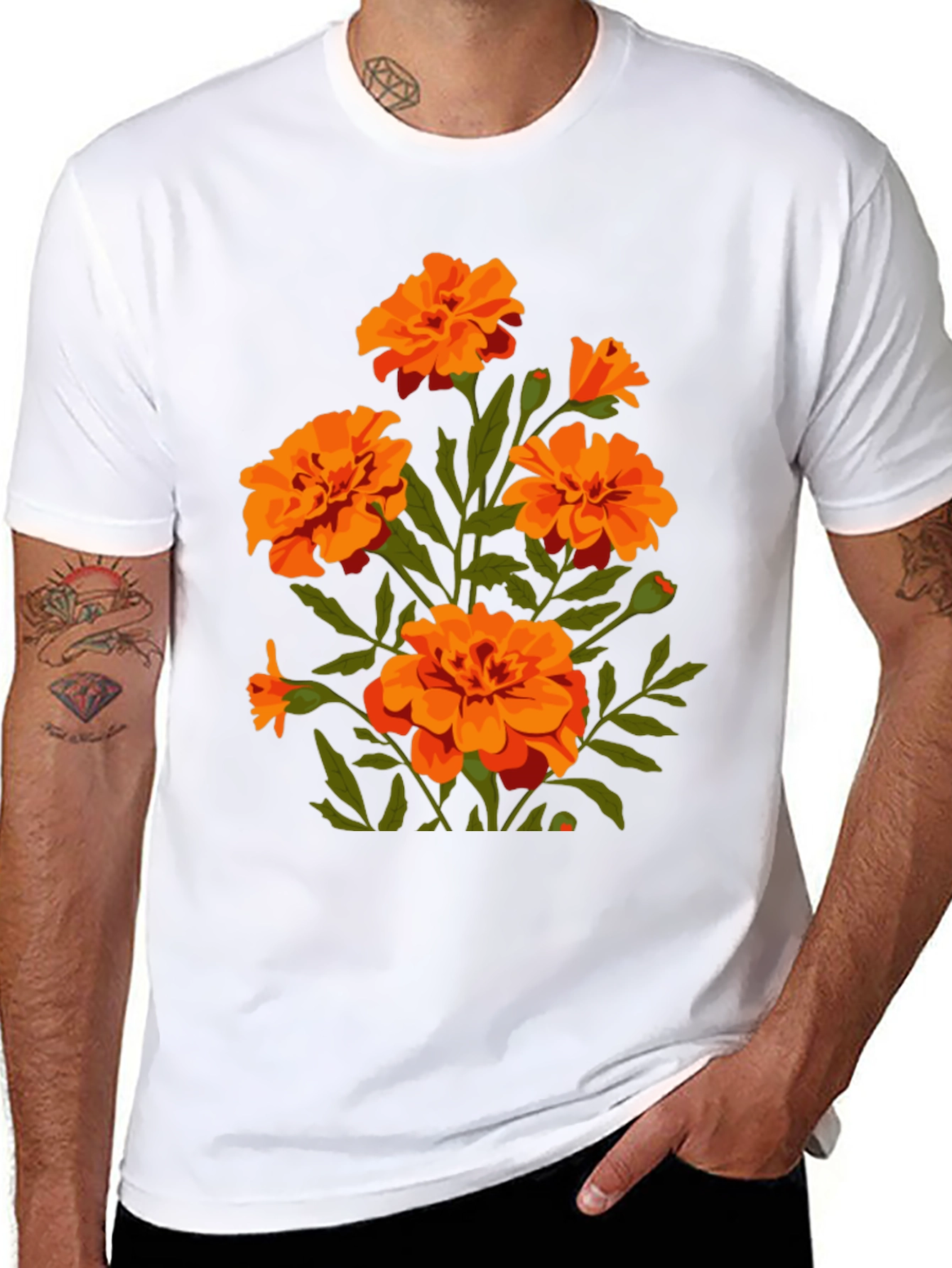 Black Black T-Shirt with Orange Flower Graphic Print view 8