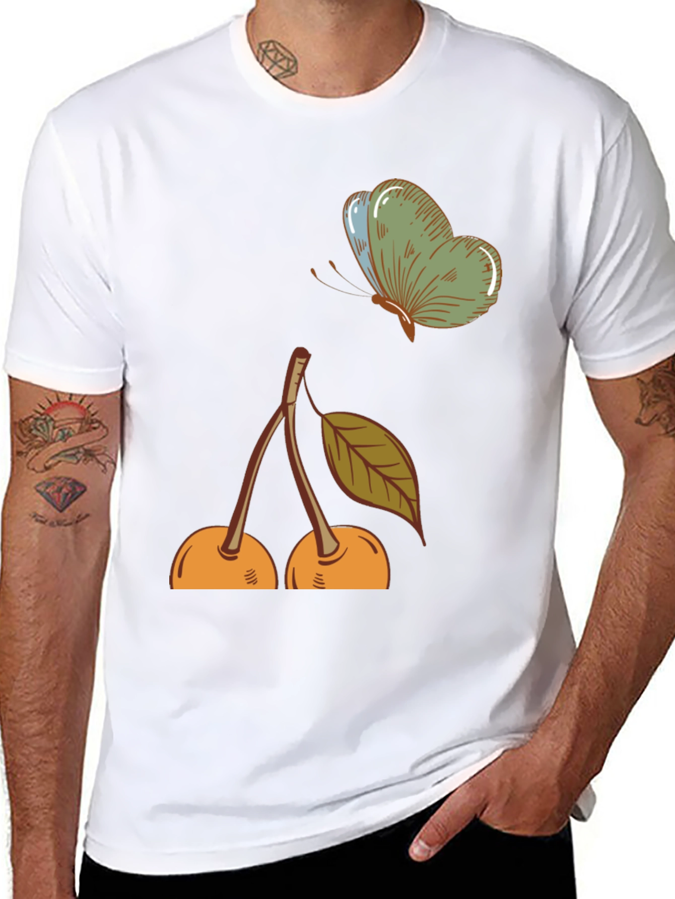 Black Cherry & Butterfly Graphic Tee - Black Casual T-Shirt view 8