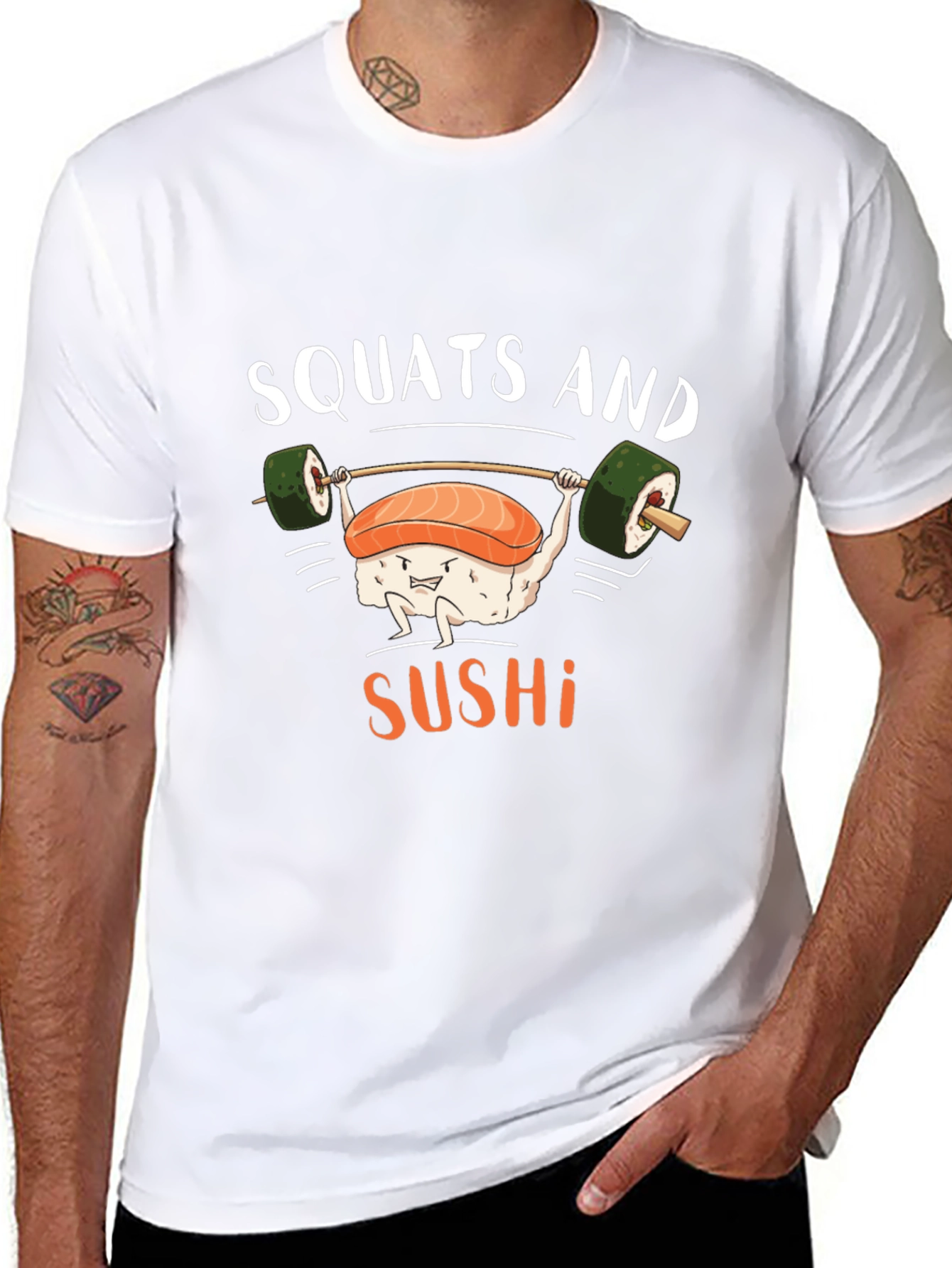 Black Squats and Sushi Funny Workout T-Shirt view 8