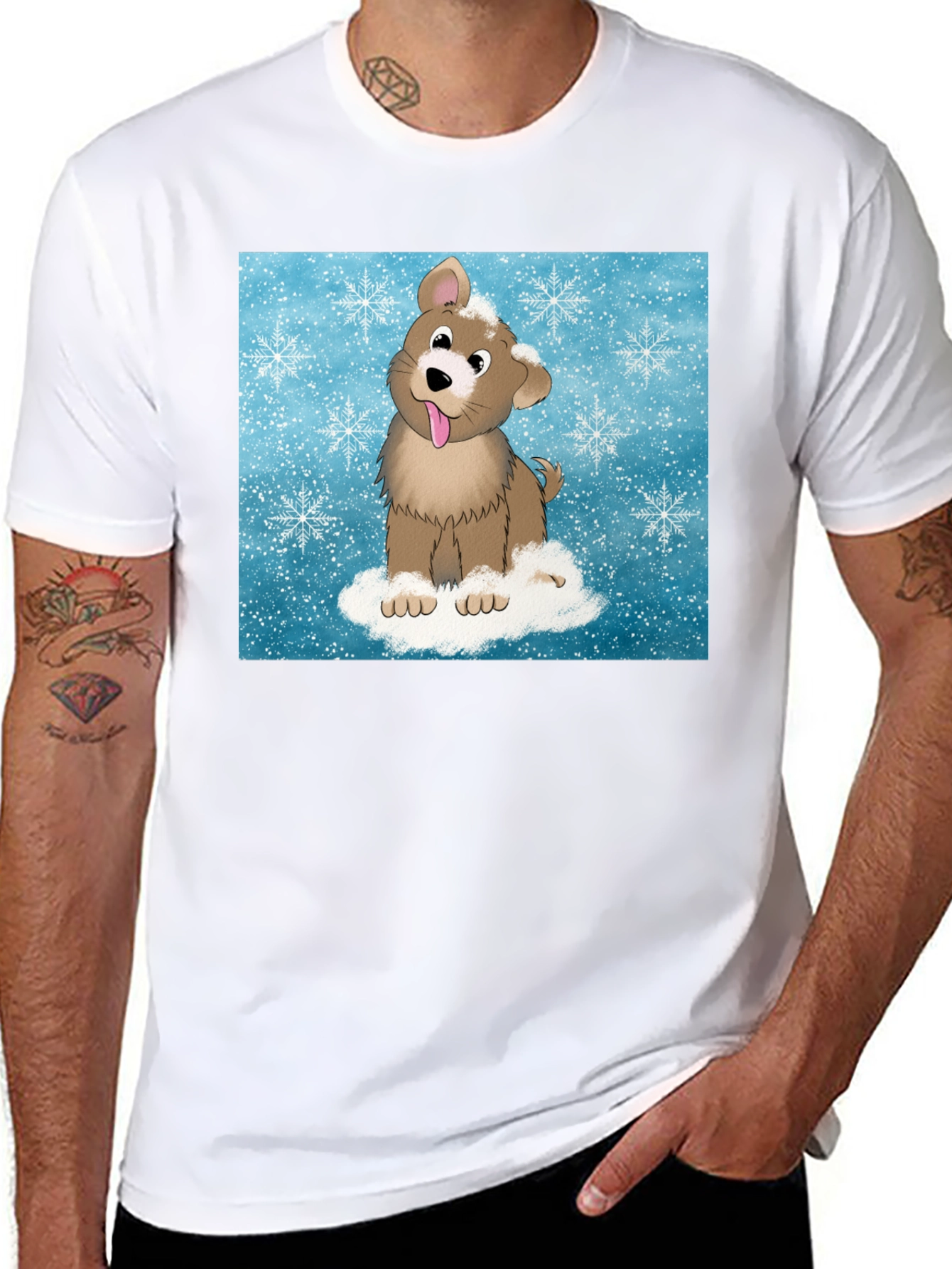Cute Cartoon Dog in Snow Graphic T-Shirt - 8
