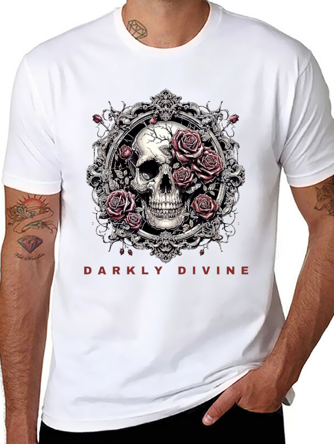 Black Darkly Divine Skull & Roses Graphic T-Shirt view 8