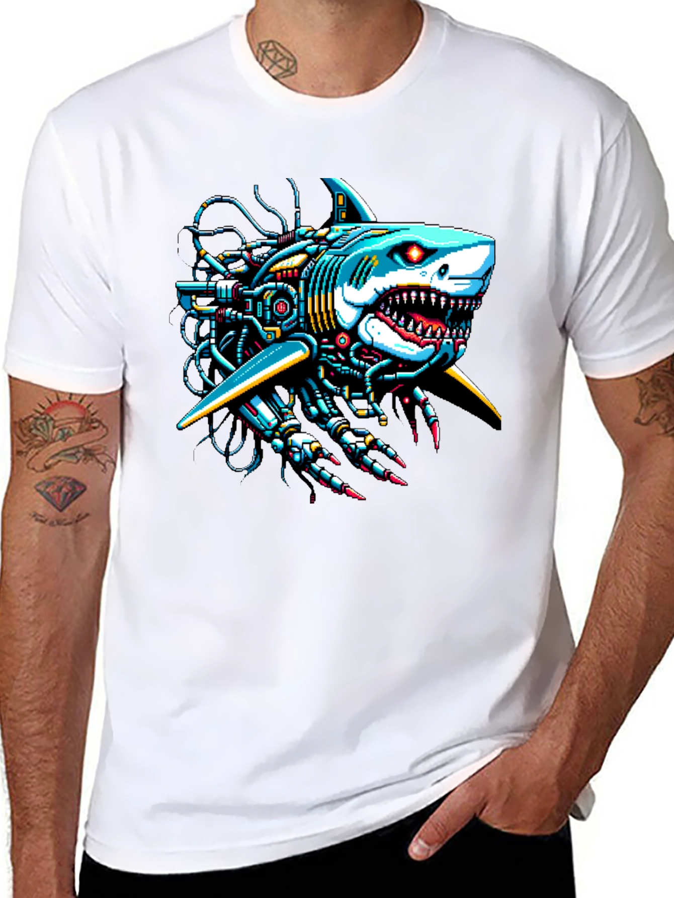 Black Cyberpunk Shark Graphic Tee - Unique & Bold Design view 8