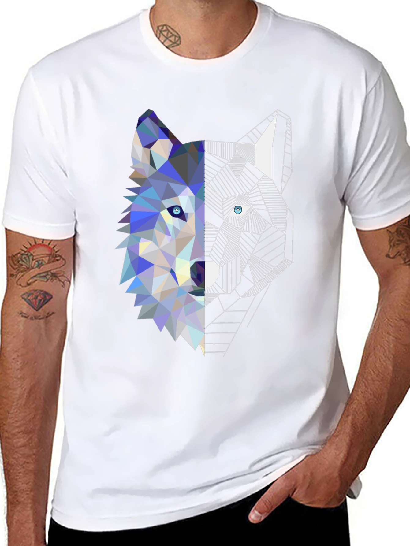 Black Geometric Wolf Graphic Tee - Modern Art Shirt view 8