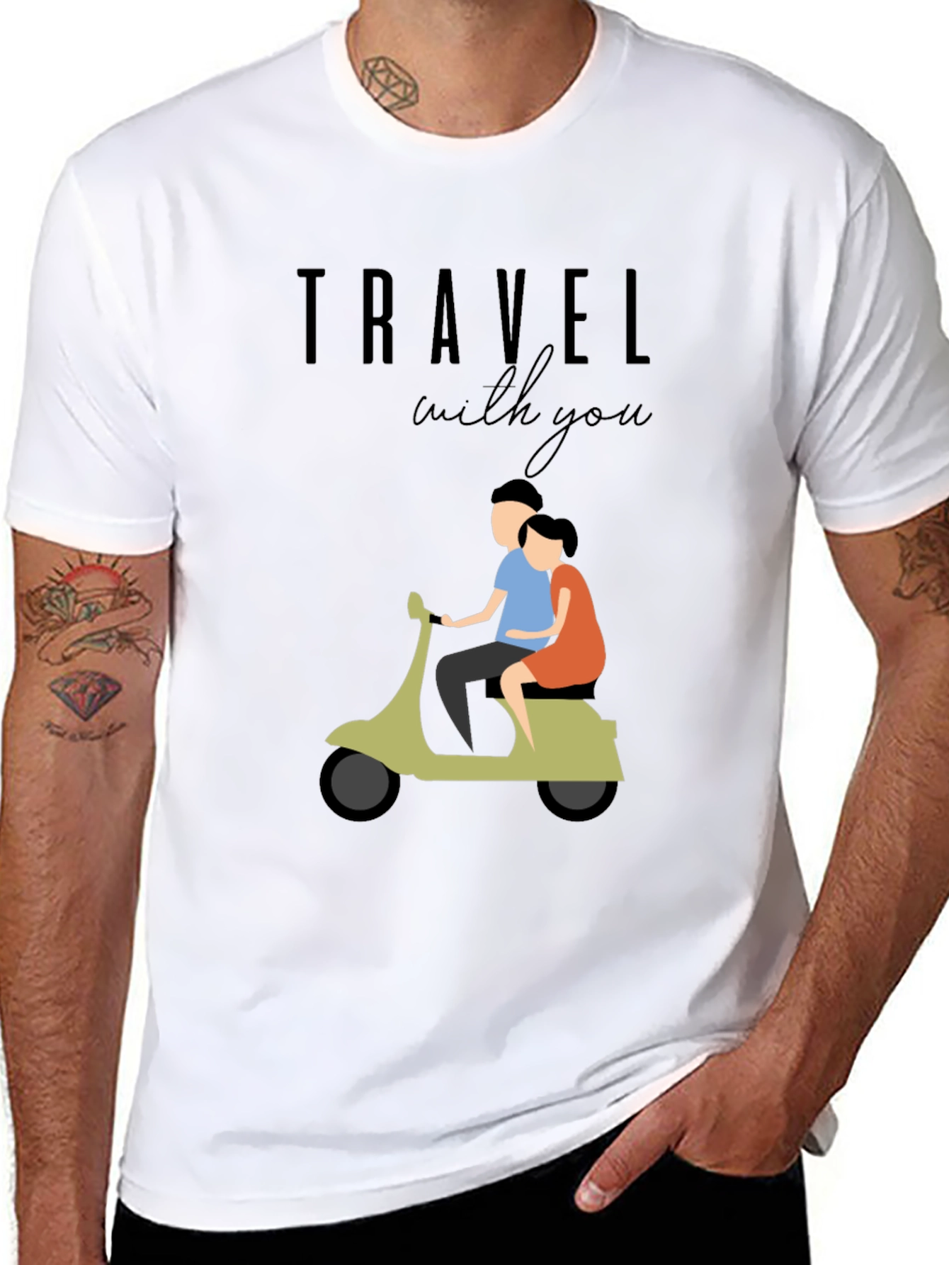 Black Travel With You Graphic Tee - Stylish Couple Scooter Design view 8