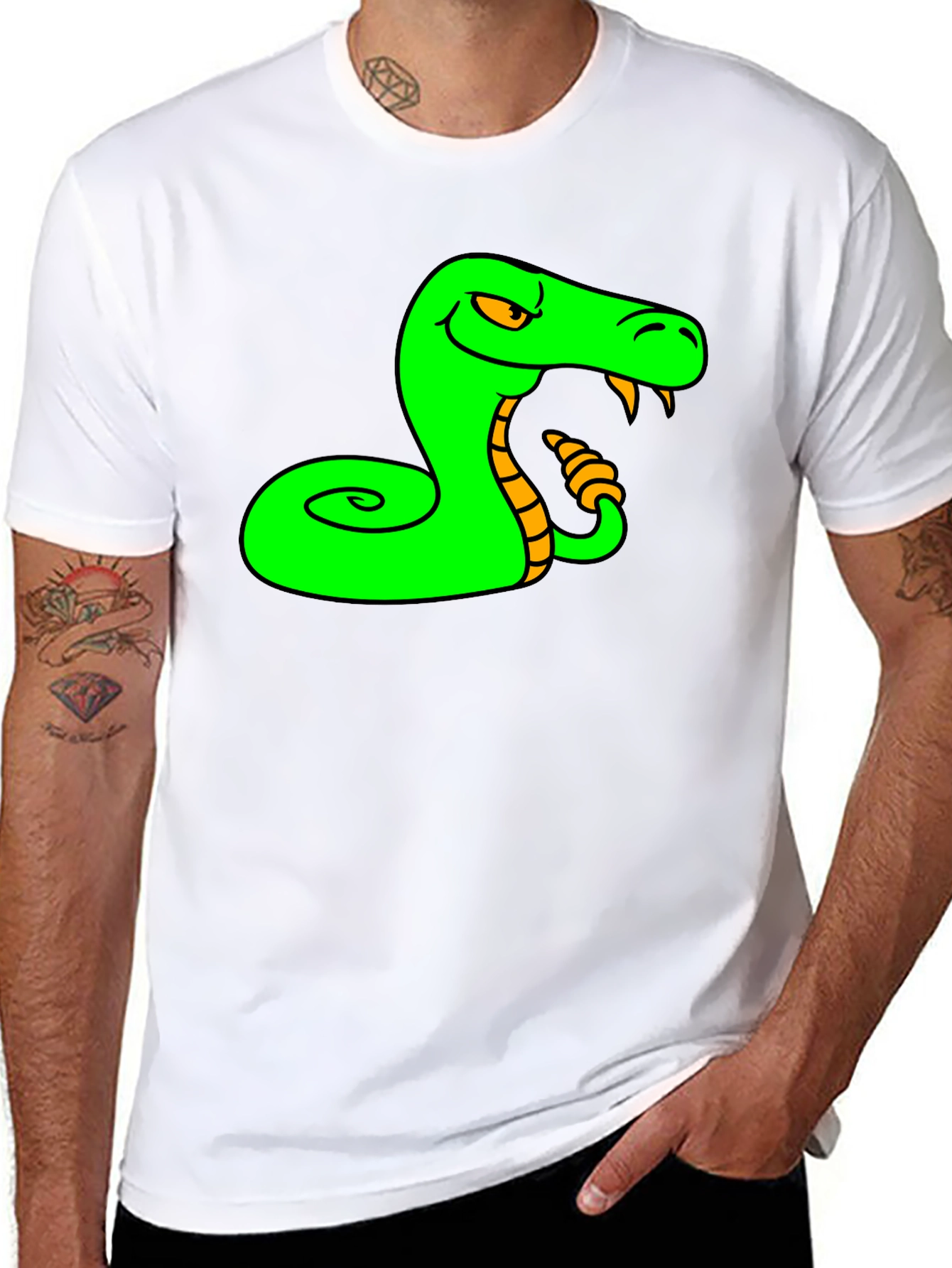 Black Green Snake Cartoon Graphic Black T-Shirt view 8