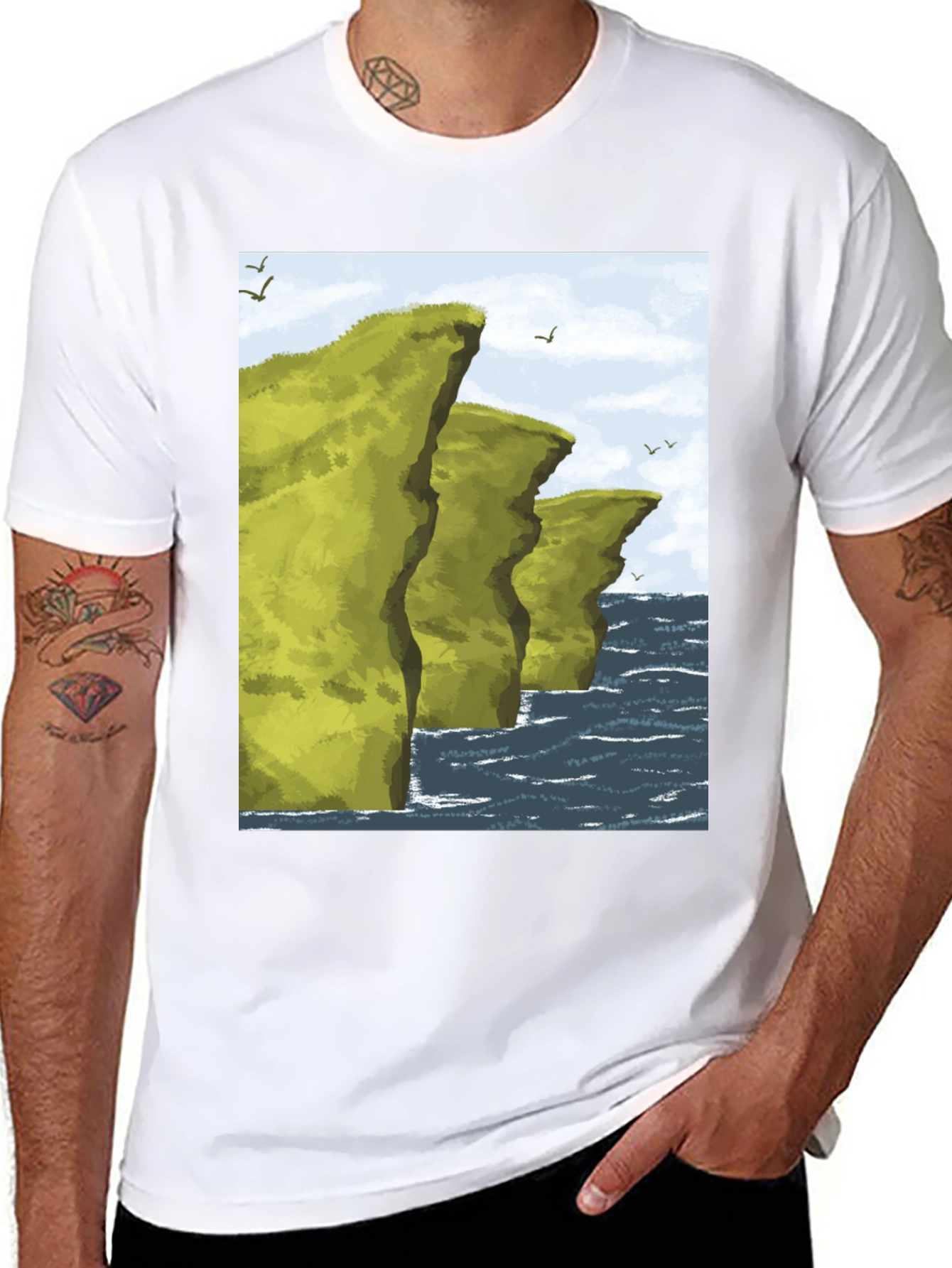 Black Coastal Cliff Graphic Tee - Black Cotton T-Shirt view 8