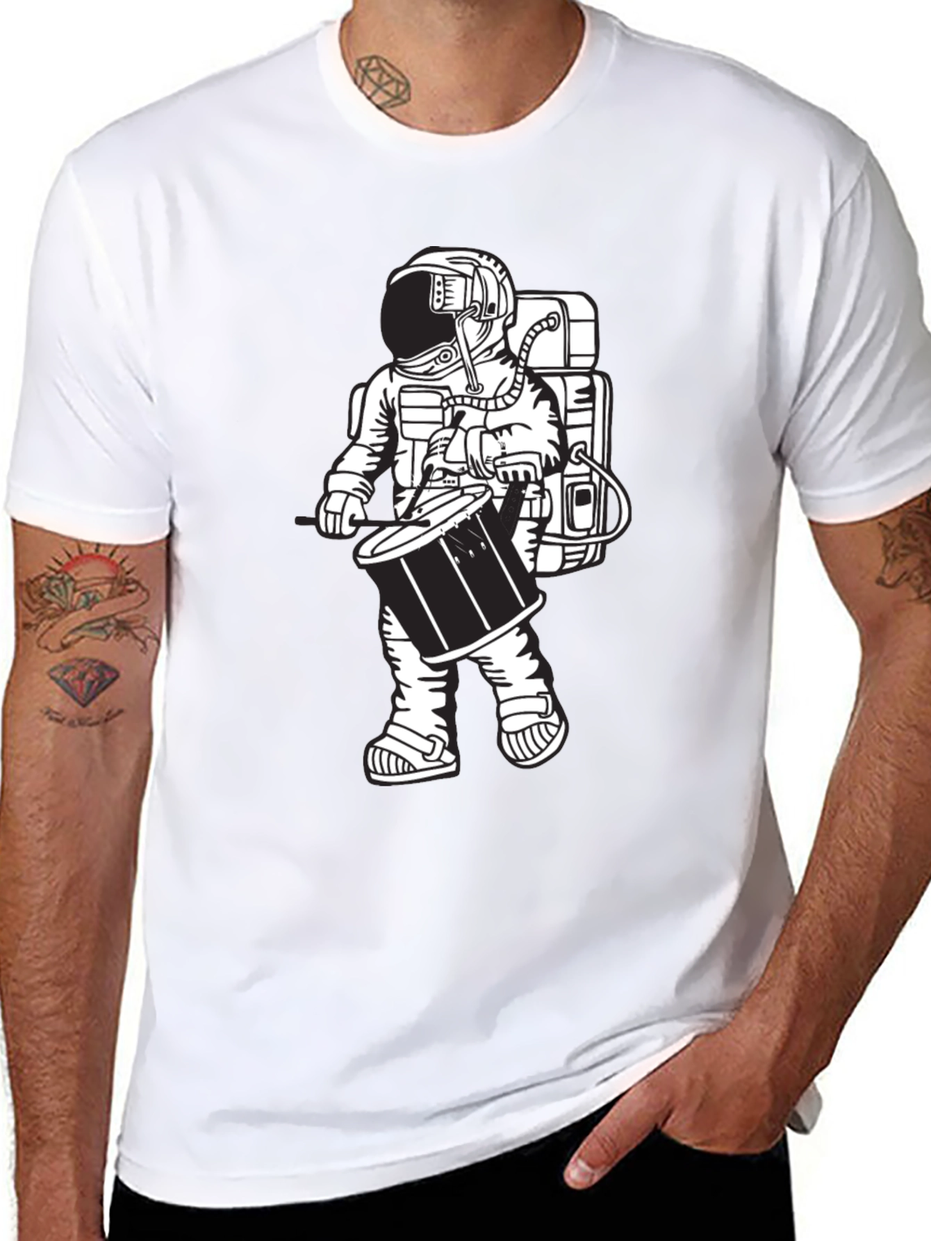 Black Astronaut Drummer Graphic Tee - Black Casual T-Shirt view 8