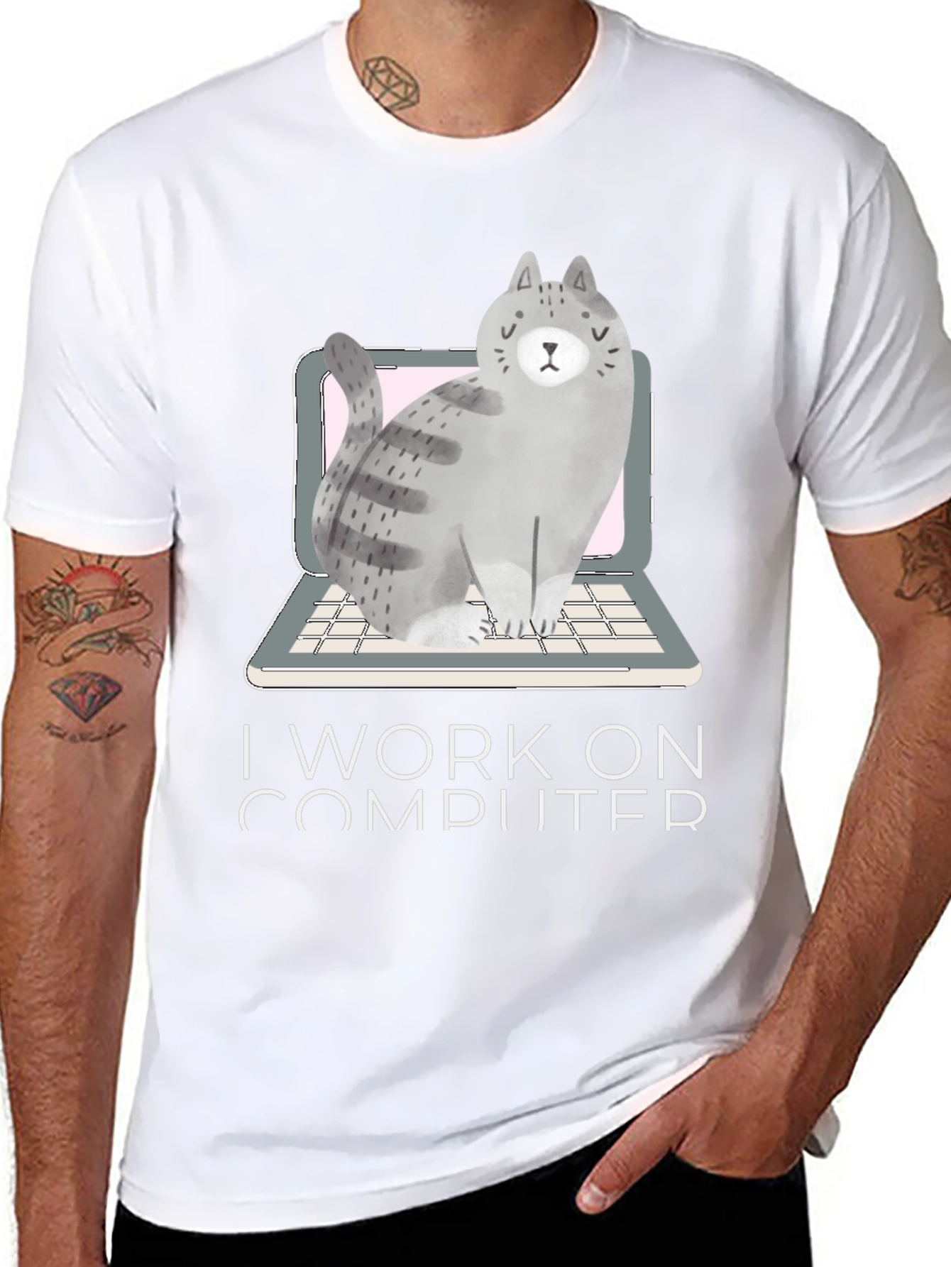 Black Cat on Laptop T-Shirt - I Work on Computer view 8