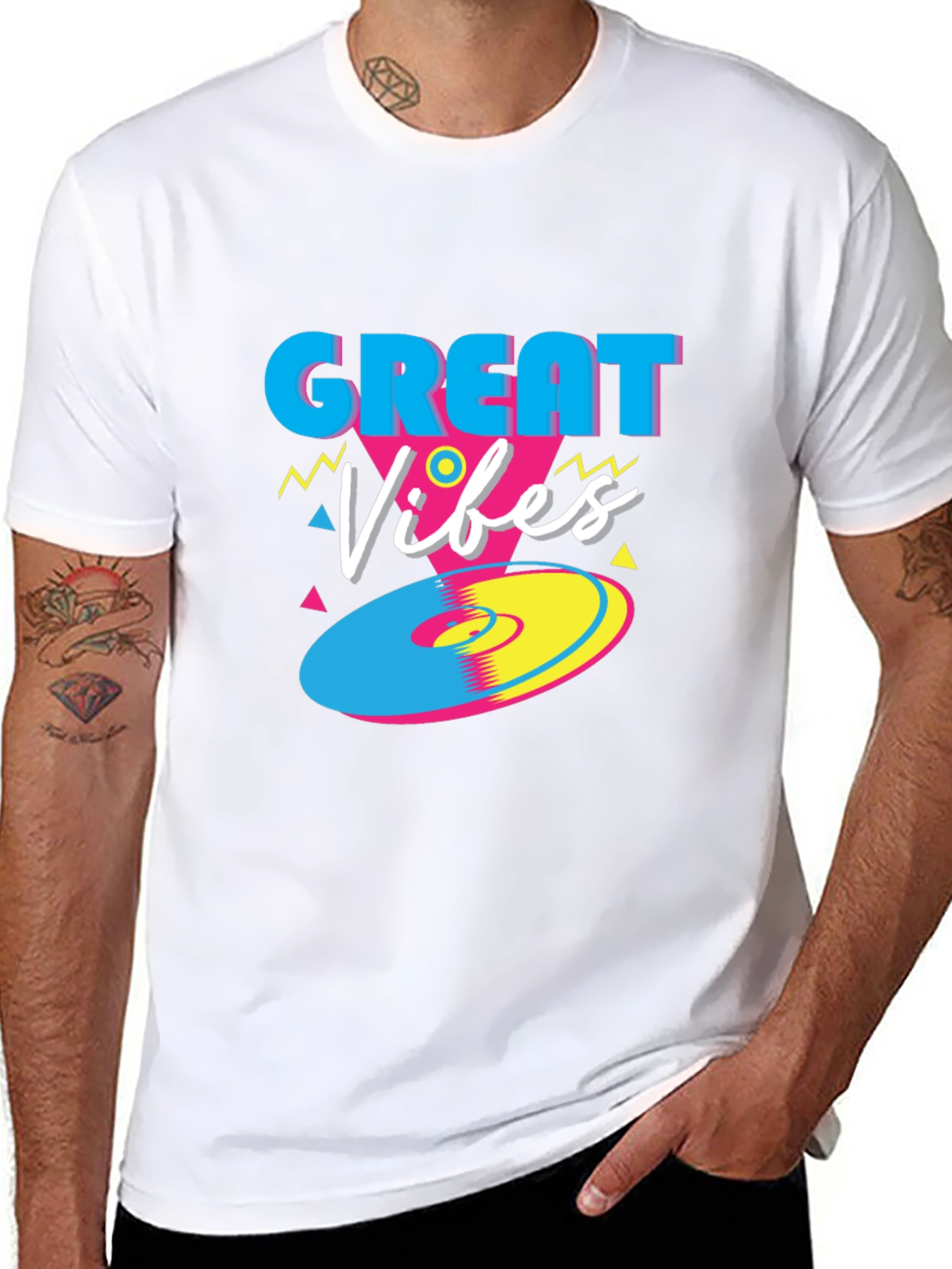 Black Great Vibes Retro T-Shirt - Funky 80s Style Tee view 8