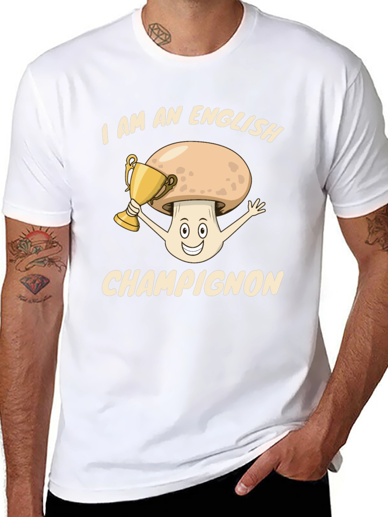 Black English Champignon T-Shirt - Funny Mushroom Pun Tee view 8