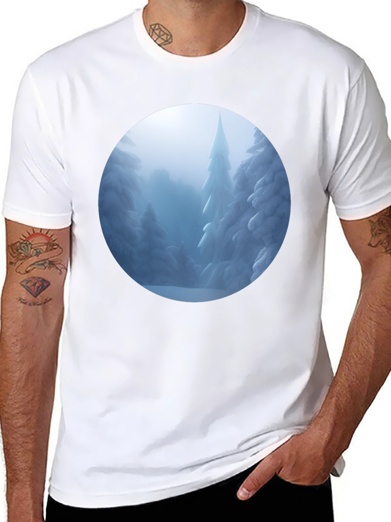 Black Winter Wonderland T-Shirt - Snowy Forest Scene view 8