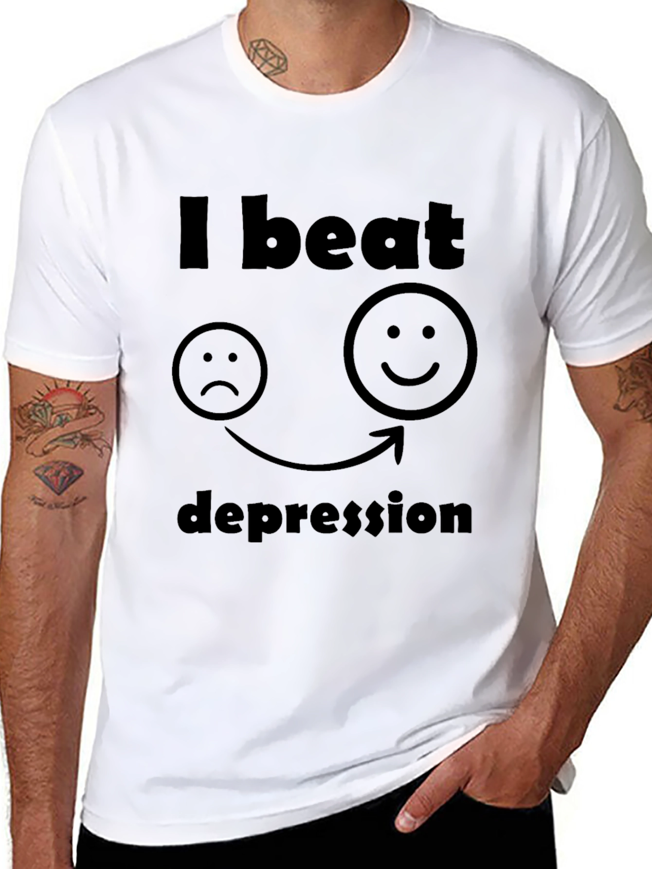 Black I Beat Depression T-Shirt - Black, Graphic Tee view 8