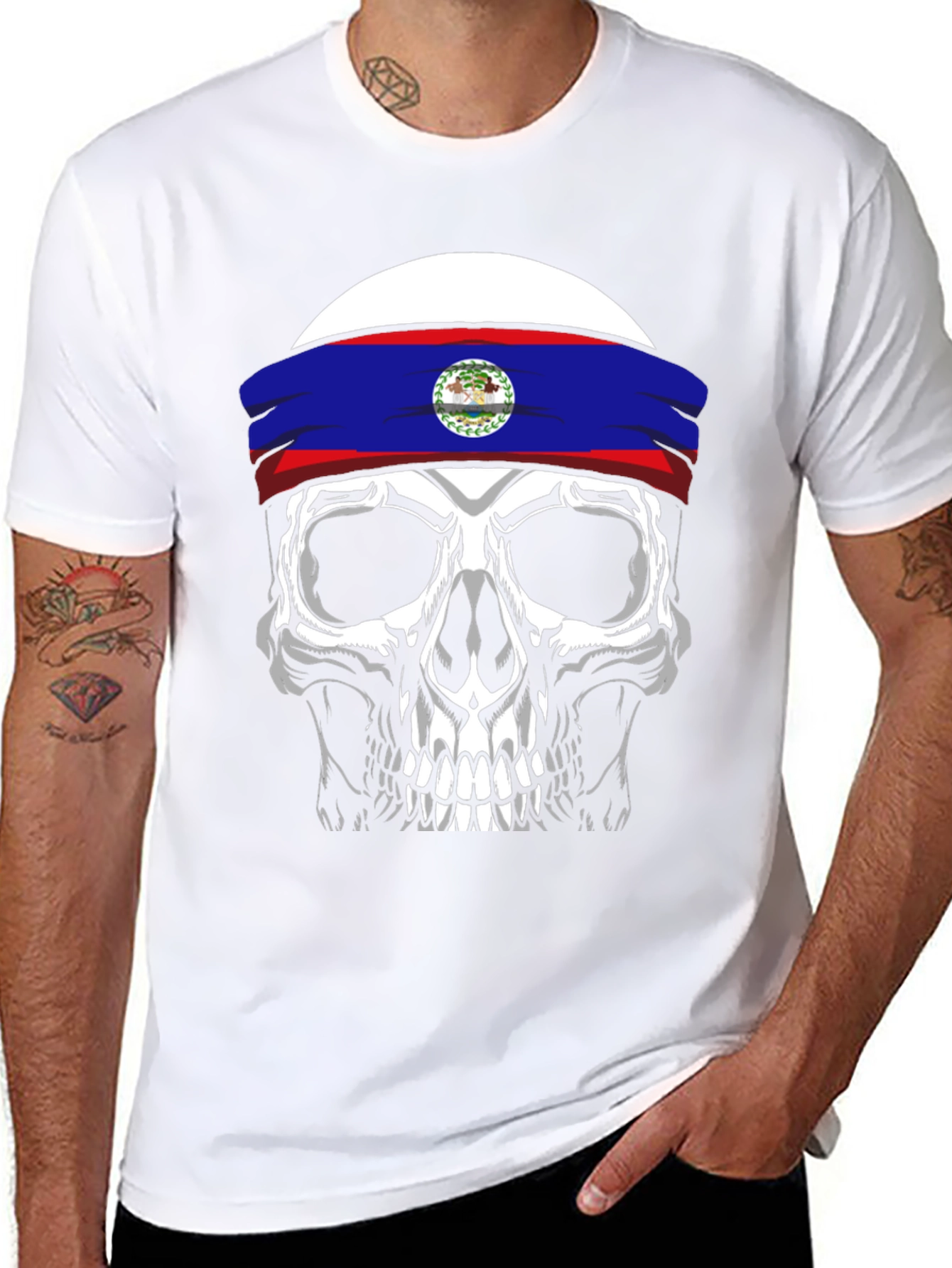 Black Skull Belize Flag Headband T-Shirt view 8