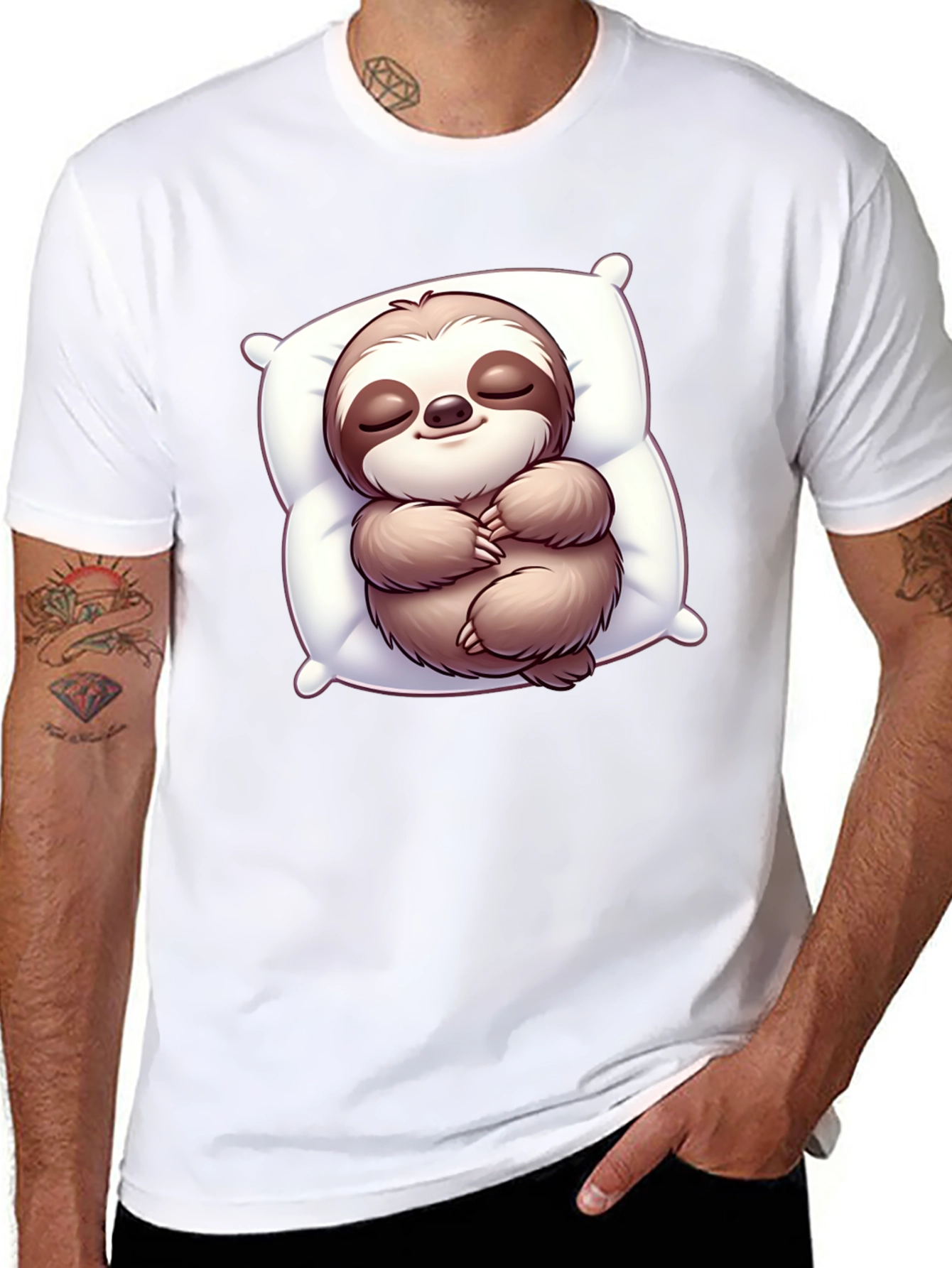 Black Cute Sloth Sleeping on Pillow Black T-Shirt view 8