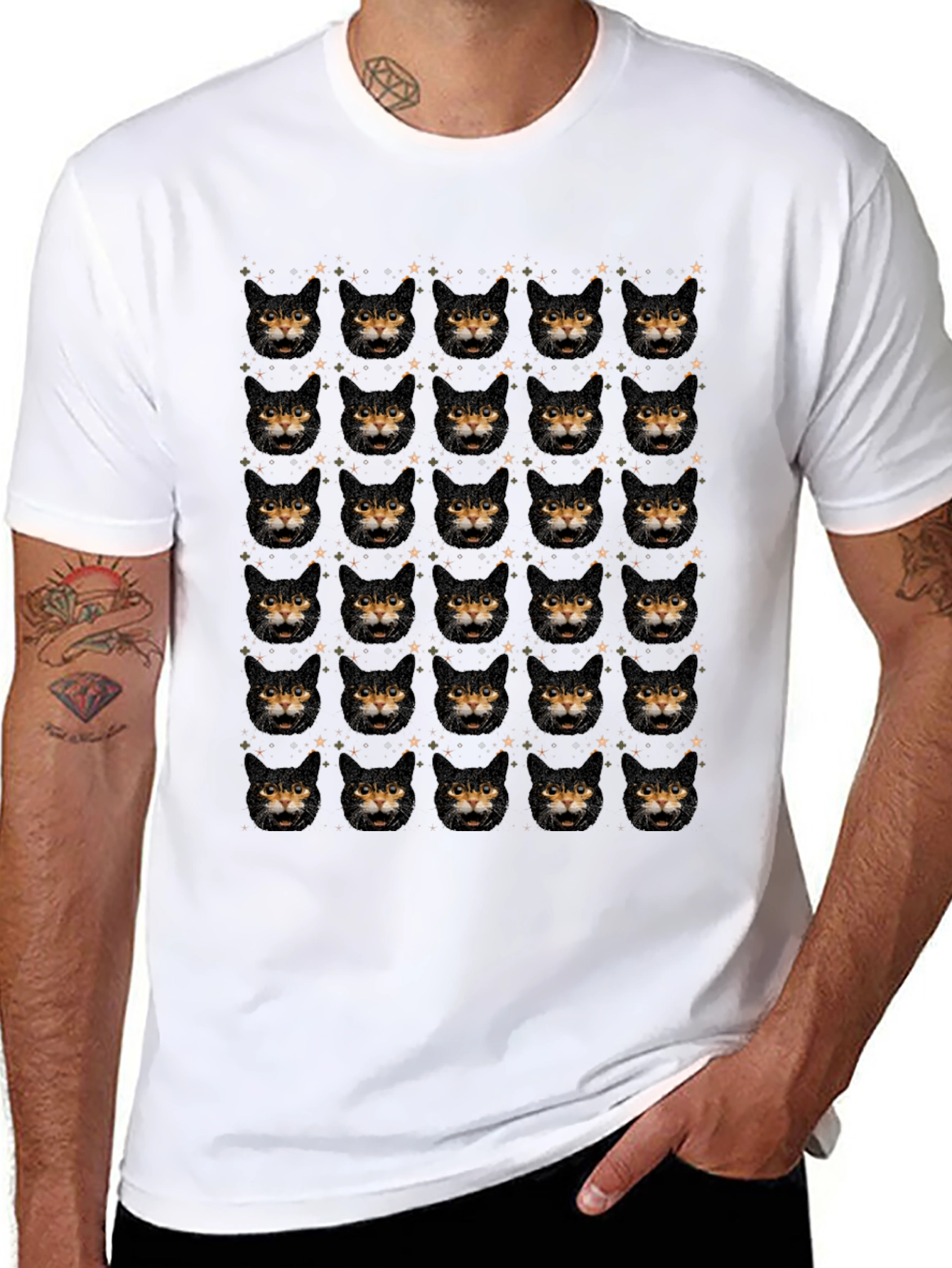 Black Cat Face Pattern Black T-Shirt view 8