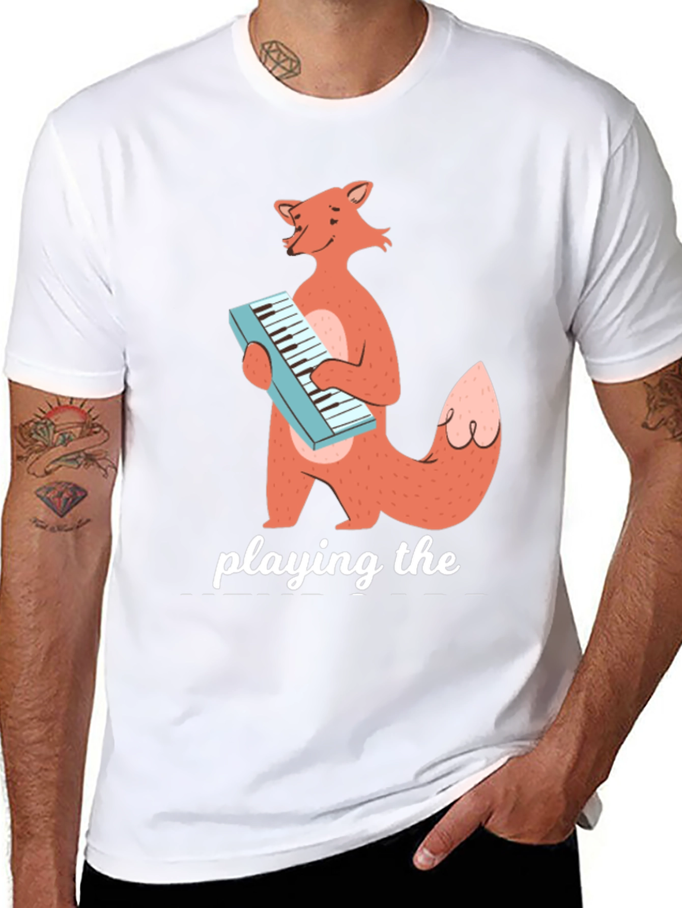 Black Fox Playing Keyboard Funny Graphic T-Shirt view 8