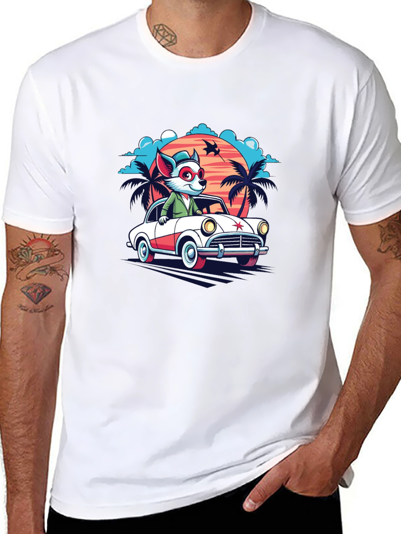 Black Cool Cartoon Fox Car T-Shirt view 8