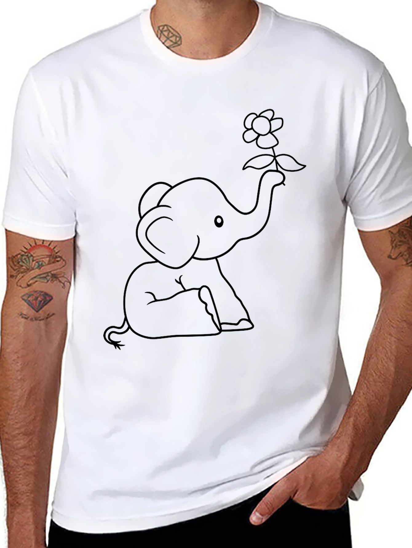 Black Cute Elephant Holding Flower T-Shirt view 8