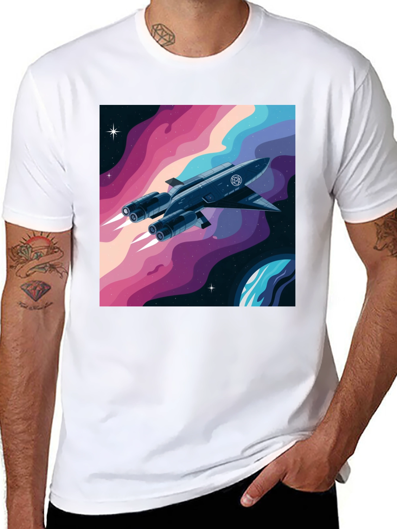 Black Retro Space Rocket Graphic Tee view 8