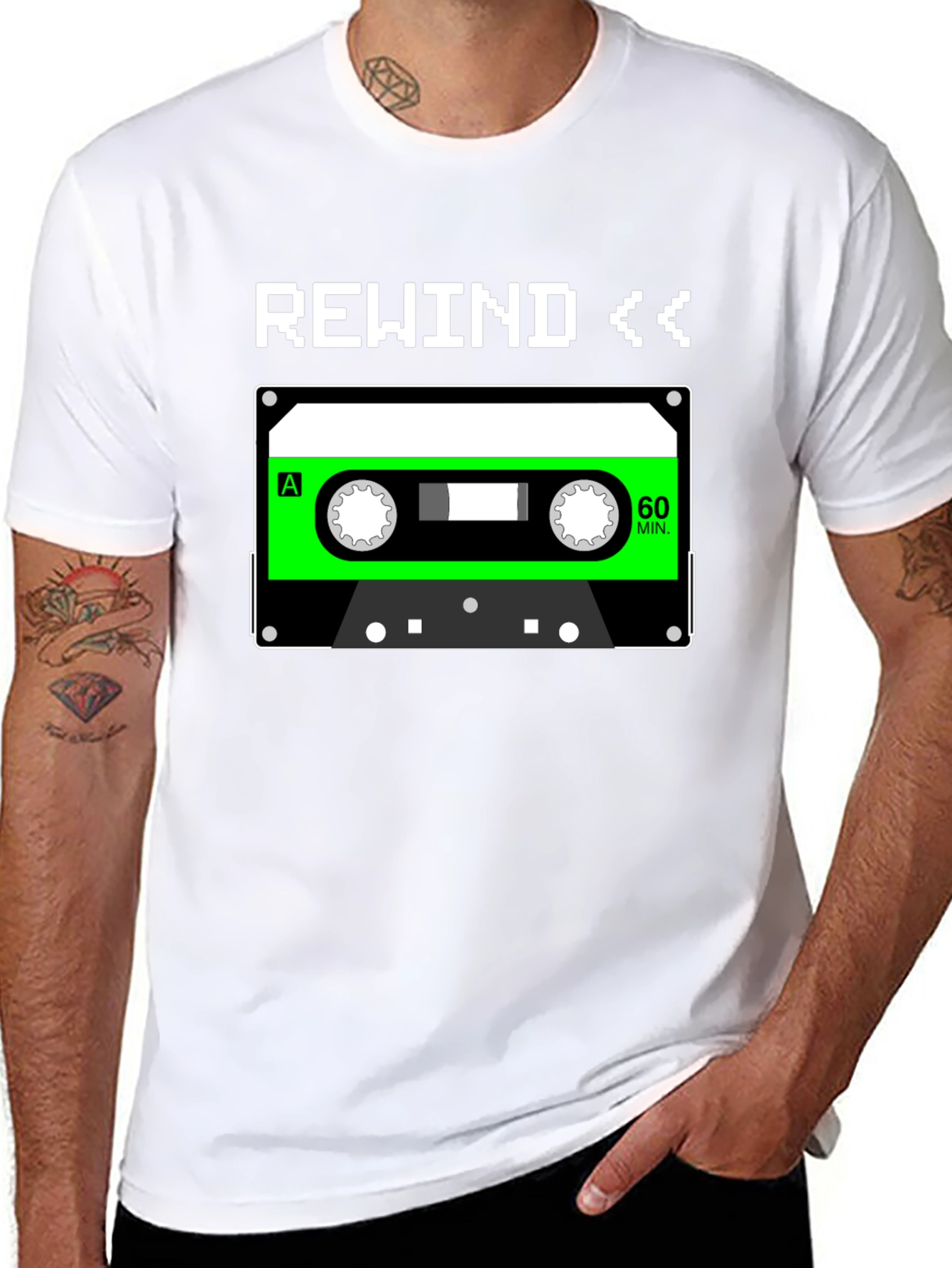 Black Retro Rewind Cassette Tape Graphic Tee - 80s Nostalgia T-Shirt view 8