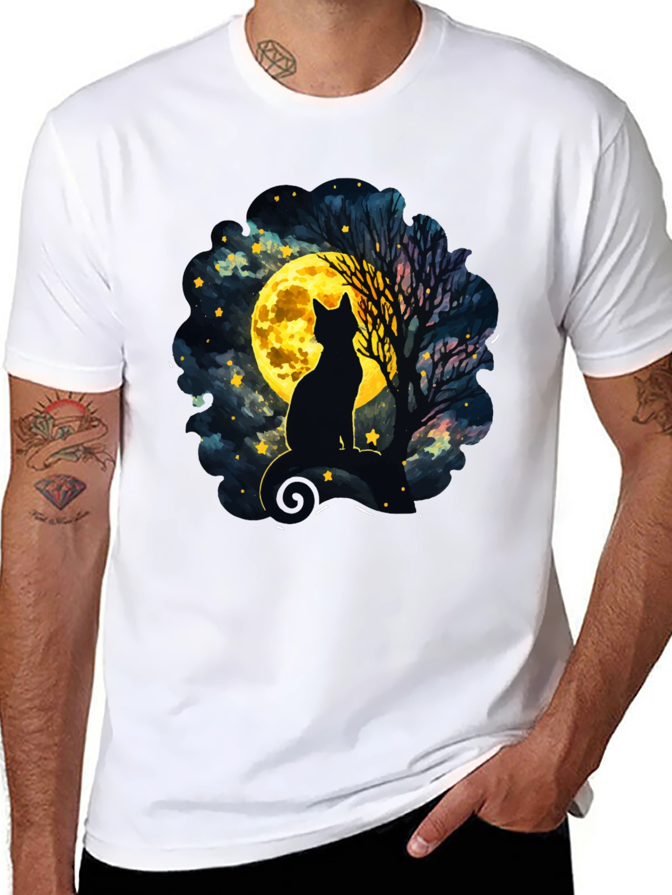 Black Moonlit Cat T-Shirt - Whimsical Night Sky Design view 8