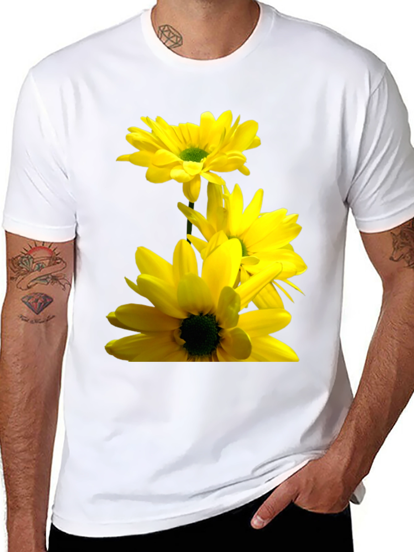 Black Black T-Shirt with Yellow Daisy Flower Print view 8