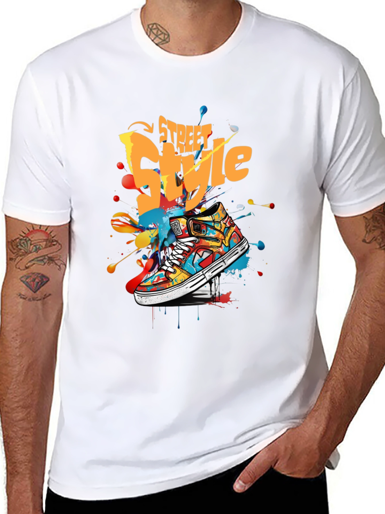 Black Street Style Graphic Tee - Colorful Sneaker Design view 8