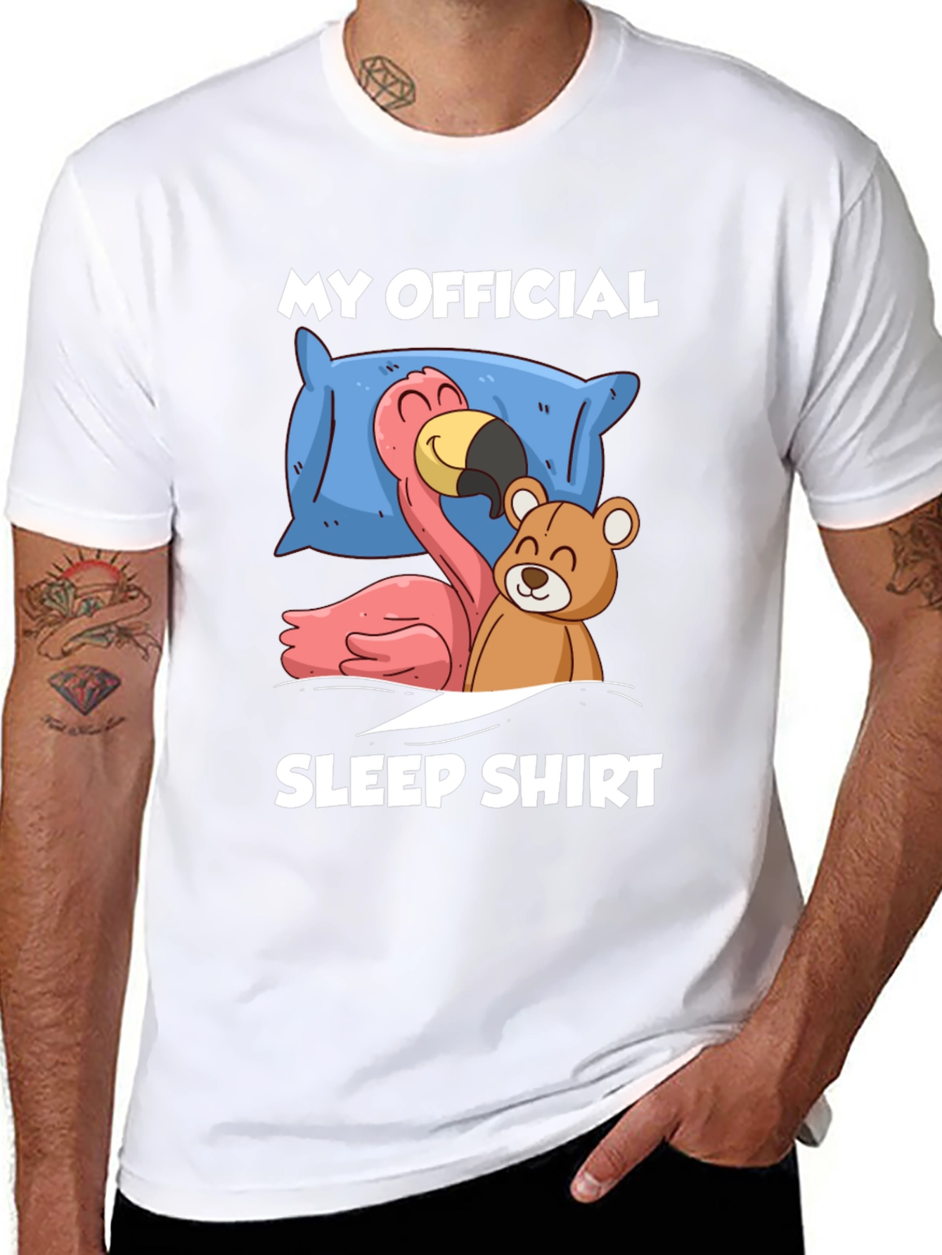 Black Funny Sleep Shirt: Flamingo & Teddy Bear Graphic Tee view 8