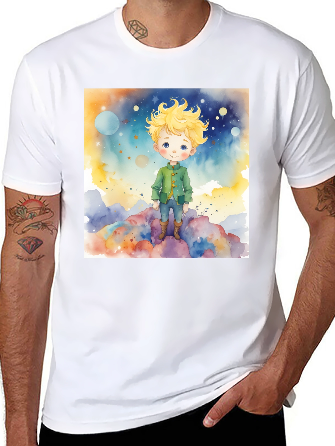 Black Little Prince Watercolor Graphic Tee - Soft Cotton Blend view 8