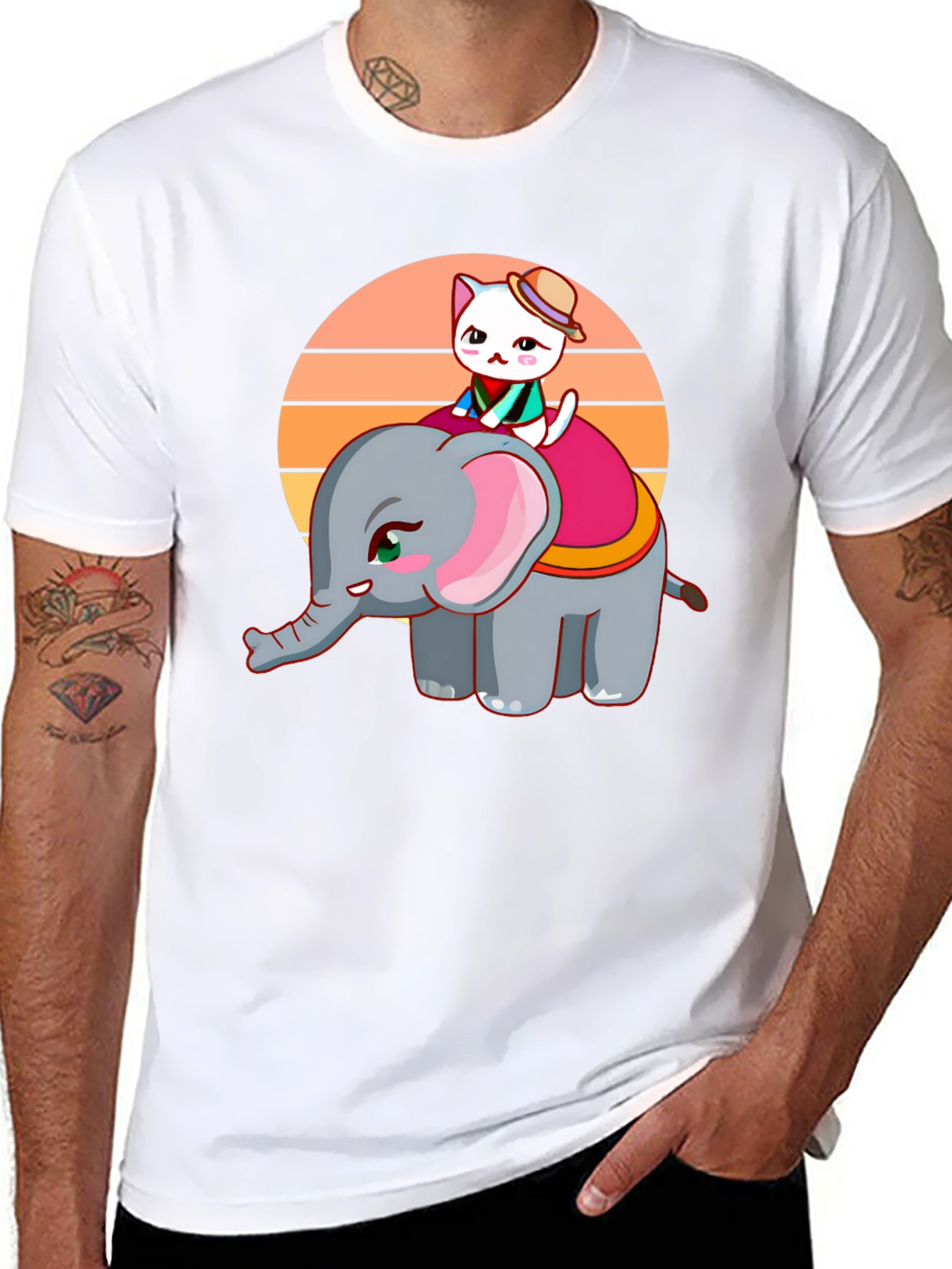 Black Cute Cartoon Elephant and Cat Graphic Tee view 8